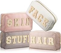 Vista 18 de Cunno 4 Piezas Bolsas de Maquillaje Preppy de Chenilla con Letras Bolsa de Cosas de Nailon Estuches Cosméticos con Cremallera para Mujeres Viaje