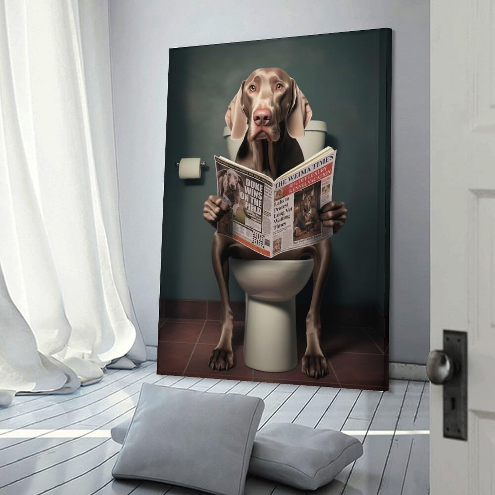 Junmoney Frame-Style-21-1 Weimaraner On The Toilet Home Decor Wall Art, 24X36inch(60X90cm), For Apartment Walls, Studios Or Work Areas, Decorative Canvas Decor For Home Updates
