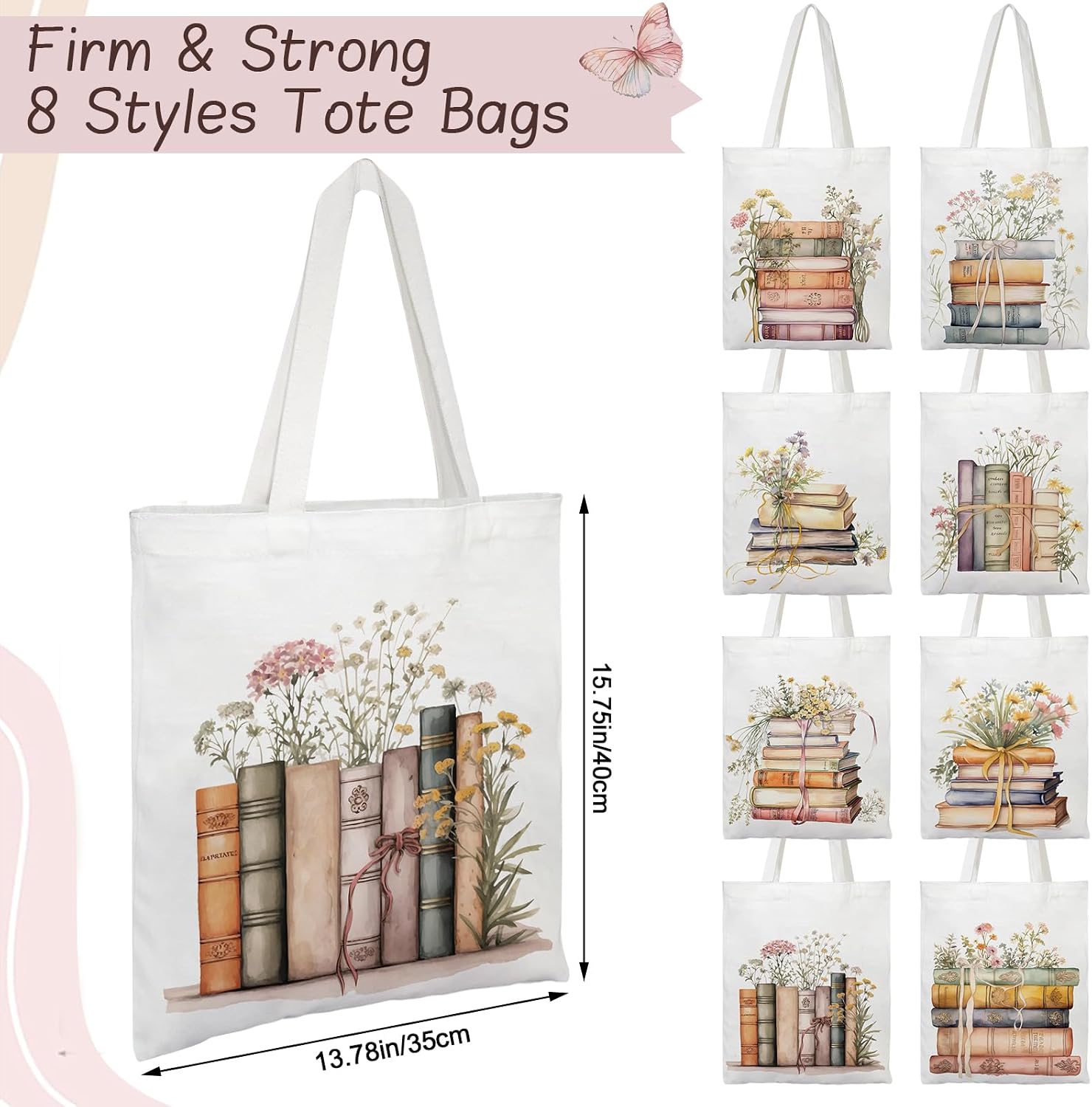 8Pcs Book Canvas Tote Bags Books Theme Party Gifts for Book Lovers Reusable Grocery for Women Librarian Readers image 2