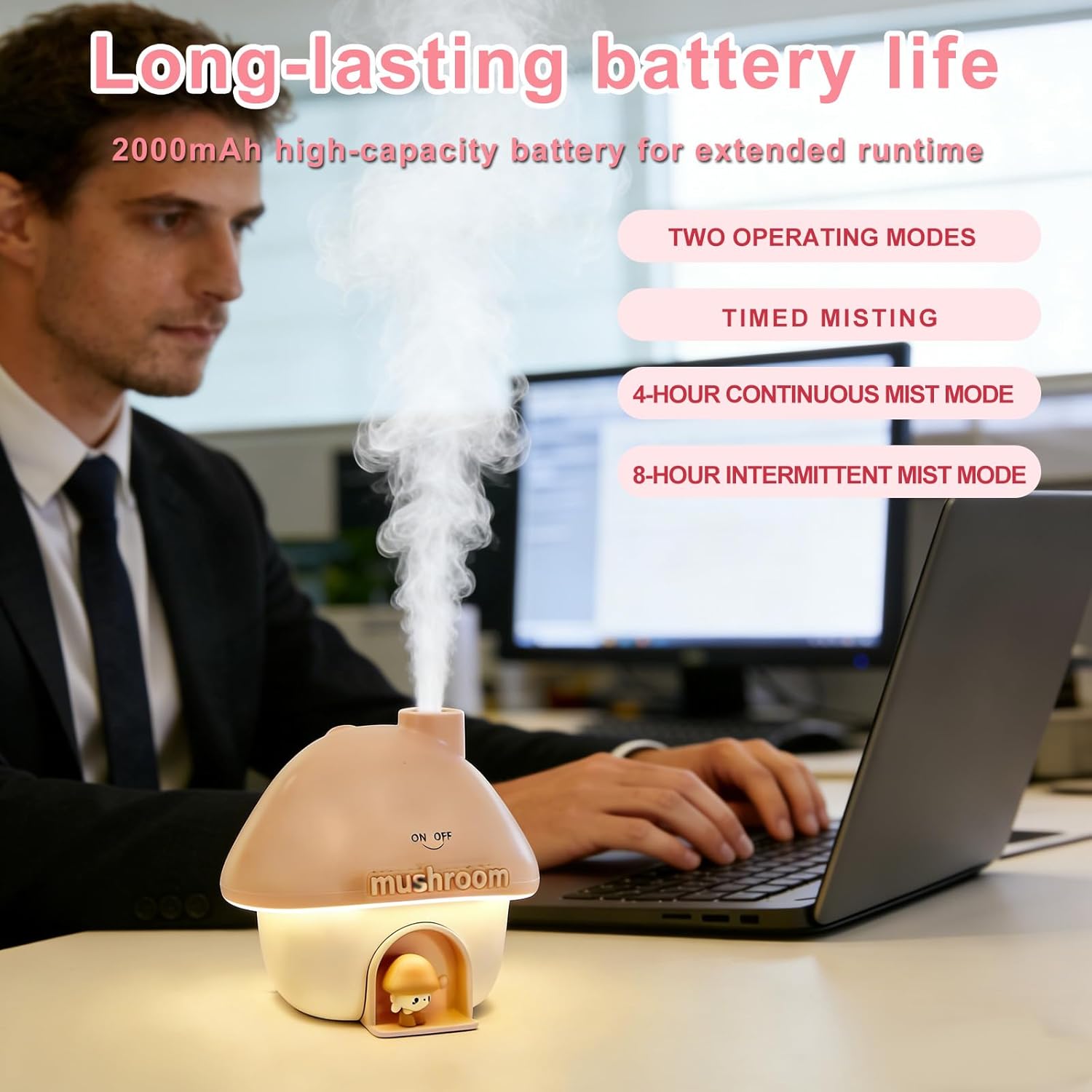 Mushroom House Humidifiers, Rechargeable Desktop Silent Air Humidifier with Night Light, USB Portable Cute Mist Humidifiers with Rainbow Gradient Lighting for Home, Office, Car, and Travel (Pink)