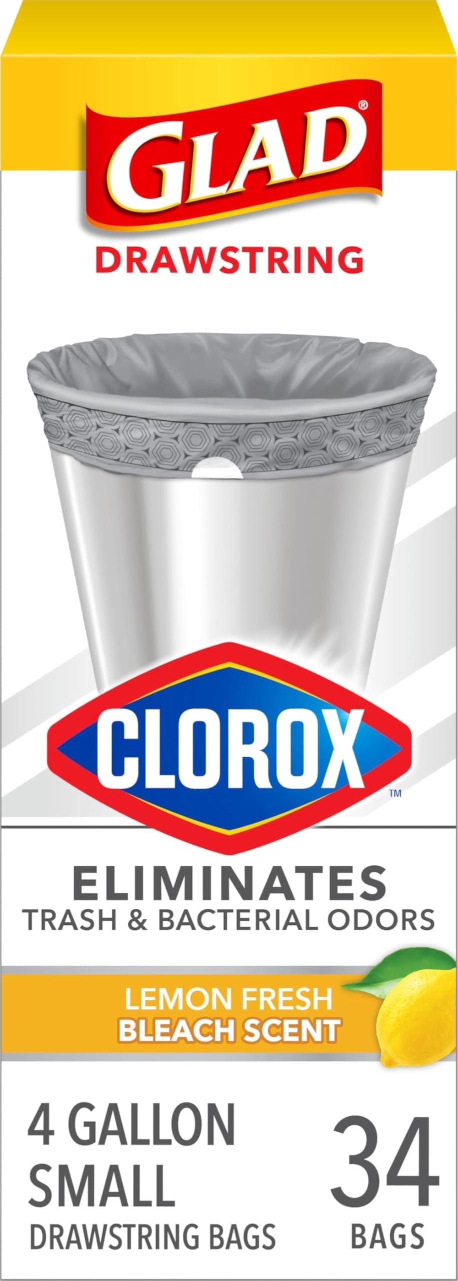 Small Drawstring Trash Bags with Clorox, 4 Gal, Lemon Fresh Bleach, 34 Ct (Package May Vary)
