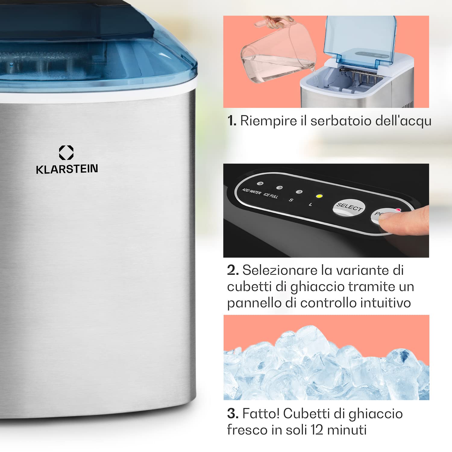 Klarstein Macchina Ghiaccio 2.1L, Macchina del Ghiaccio Professionale, Fabbricatore Ghiaccio Secco Alimentare 12kg, Cubetti di Grandi Piccole Dimensioni, Macchina Ghiaccio Casa Autopulente Cocktail