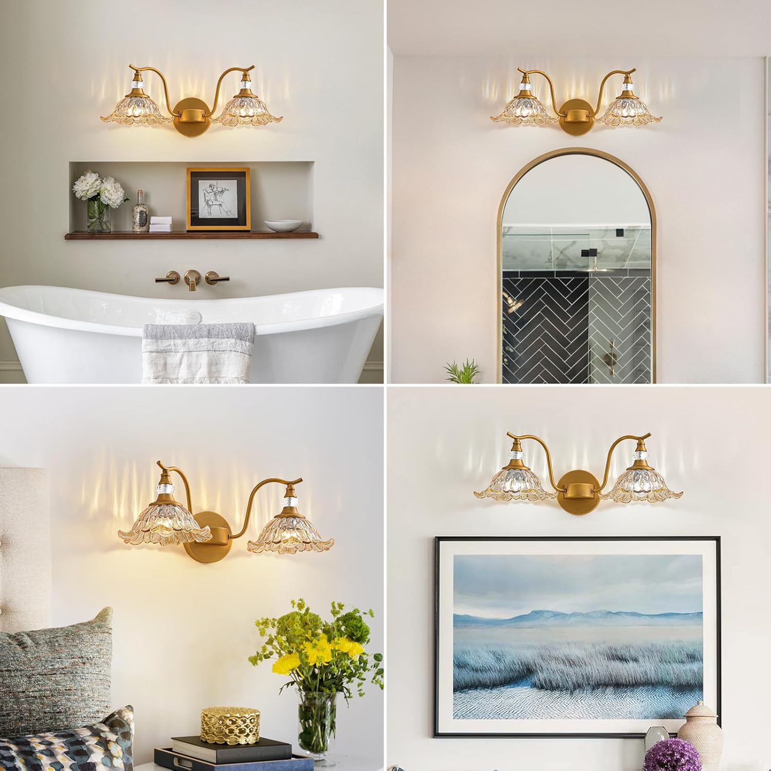 Vintage Bathroom Vanity Light Fixtures - 2 Light Antique Brass Bathroom Lights Fixture Over Mirror with Amber Flower Glass,Retro Brushed Gold Bronze Wall-Mounted Vanity Lighting for Powder Room