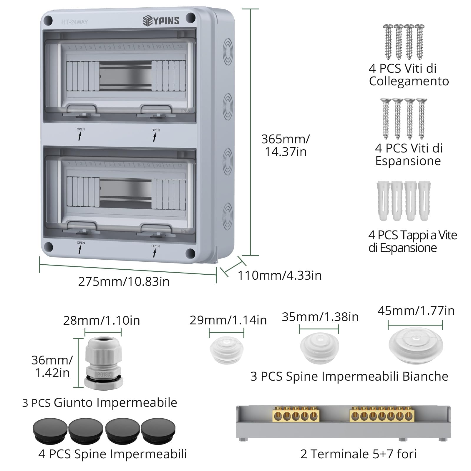 EYPINS Quadro Elettrico Esterno 24 Moduli,Scatola di Distribuzione da Parete,Impermeabile IP65,per Esterno,Giardino(280 * 110 * 360 mm)
