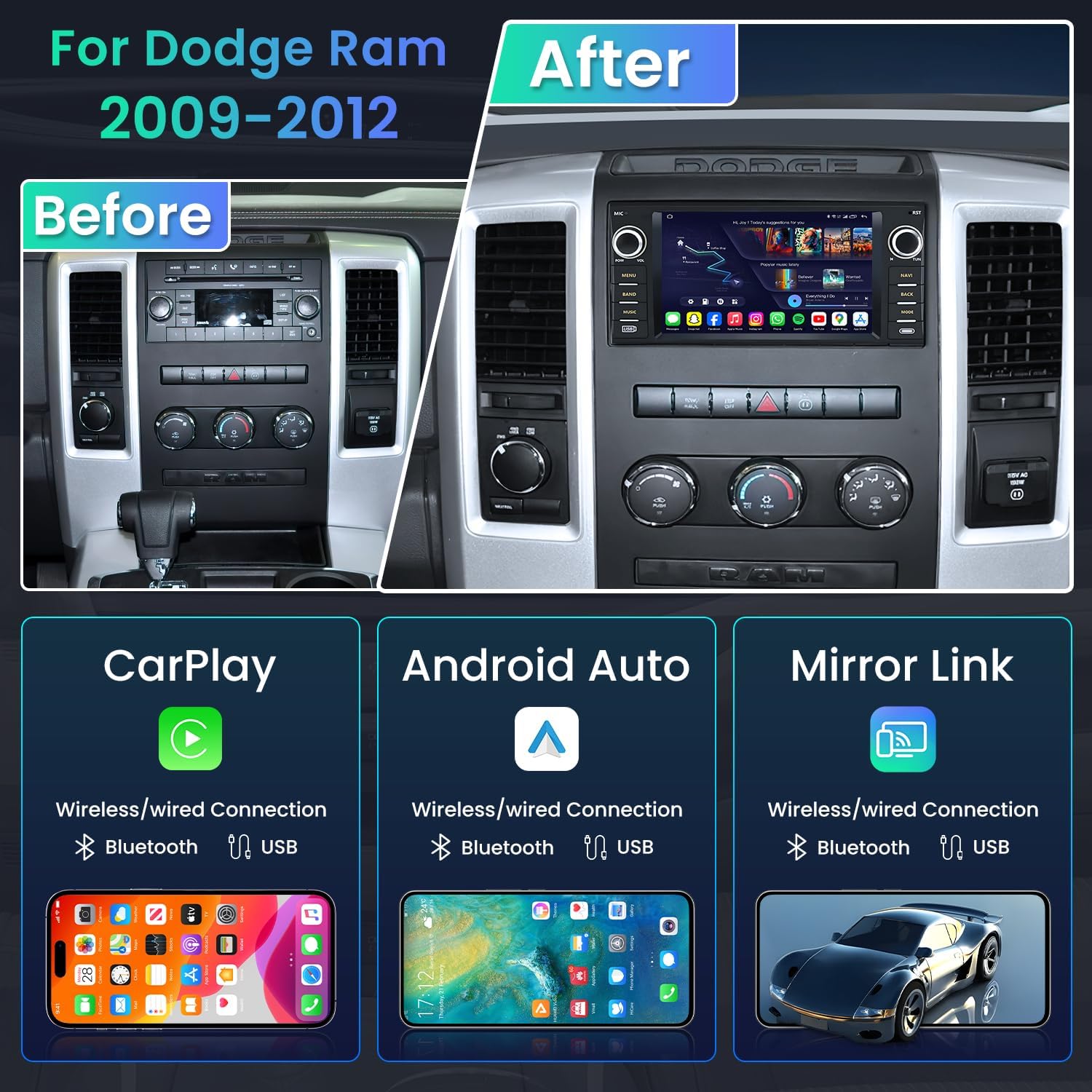 4Core+64G ROM Upgrade Car Radio Stereo for Dodge Ram 1500 2500 3500 2009-2012: 7 inch 1280 * 800 Touch Split Screen with Wireless Carplay Andriod Auto 5G WiFi Bluetooth Backup Camera GPS FM SWC
