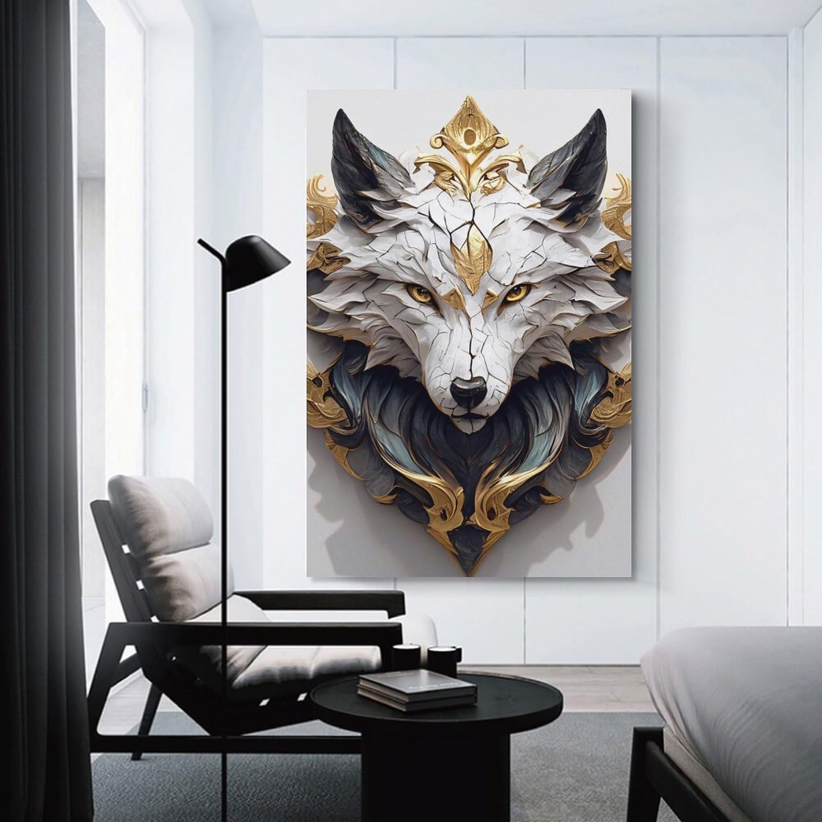 Junmoney Ornate White Wolf Head Sculpture Wall Art Print, 20x30inch(50x75cm), for Bedroom Walls, Guest Spaces Or Lounges, Home Artwork with A Soft Interior Feel