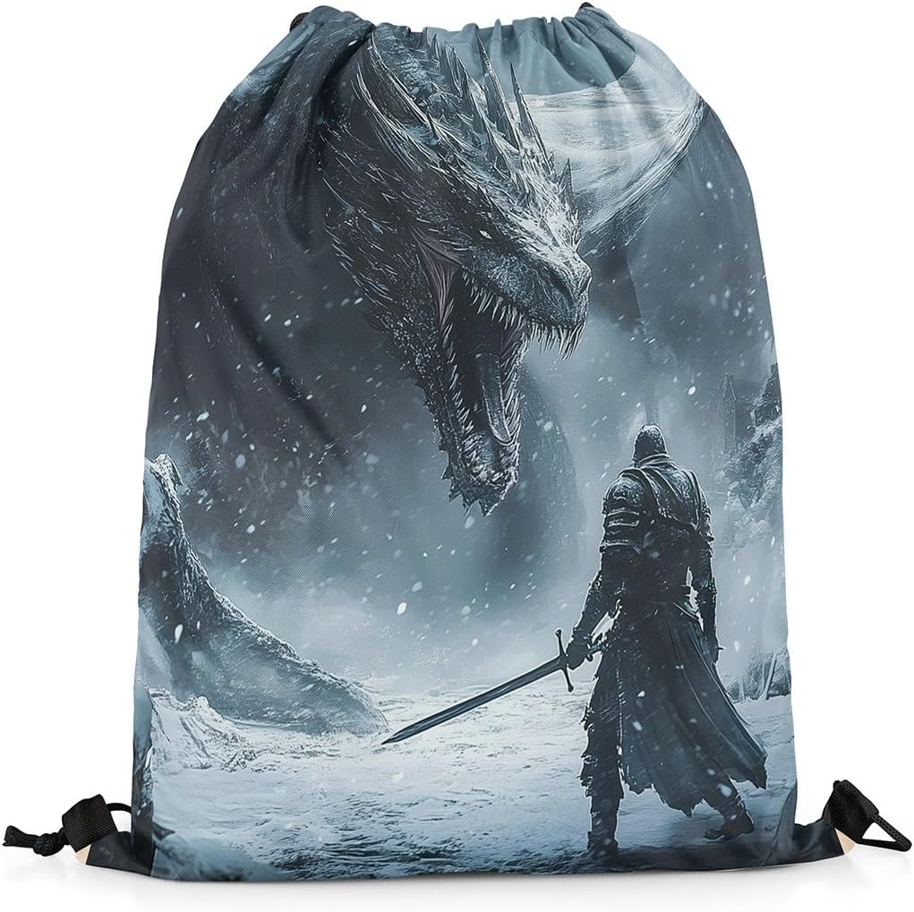 Castle Fairy Fierce Dragon String Bag 16X13 Inch Mysterious Wildlife Animals Sports Backpack Birthday Gifts Warrior Sword Drawstring Bags for Women Gym Shopping Sport Yoga