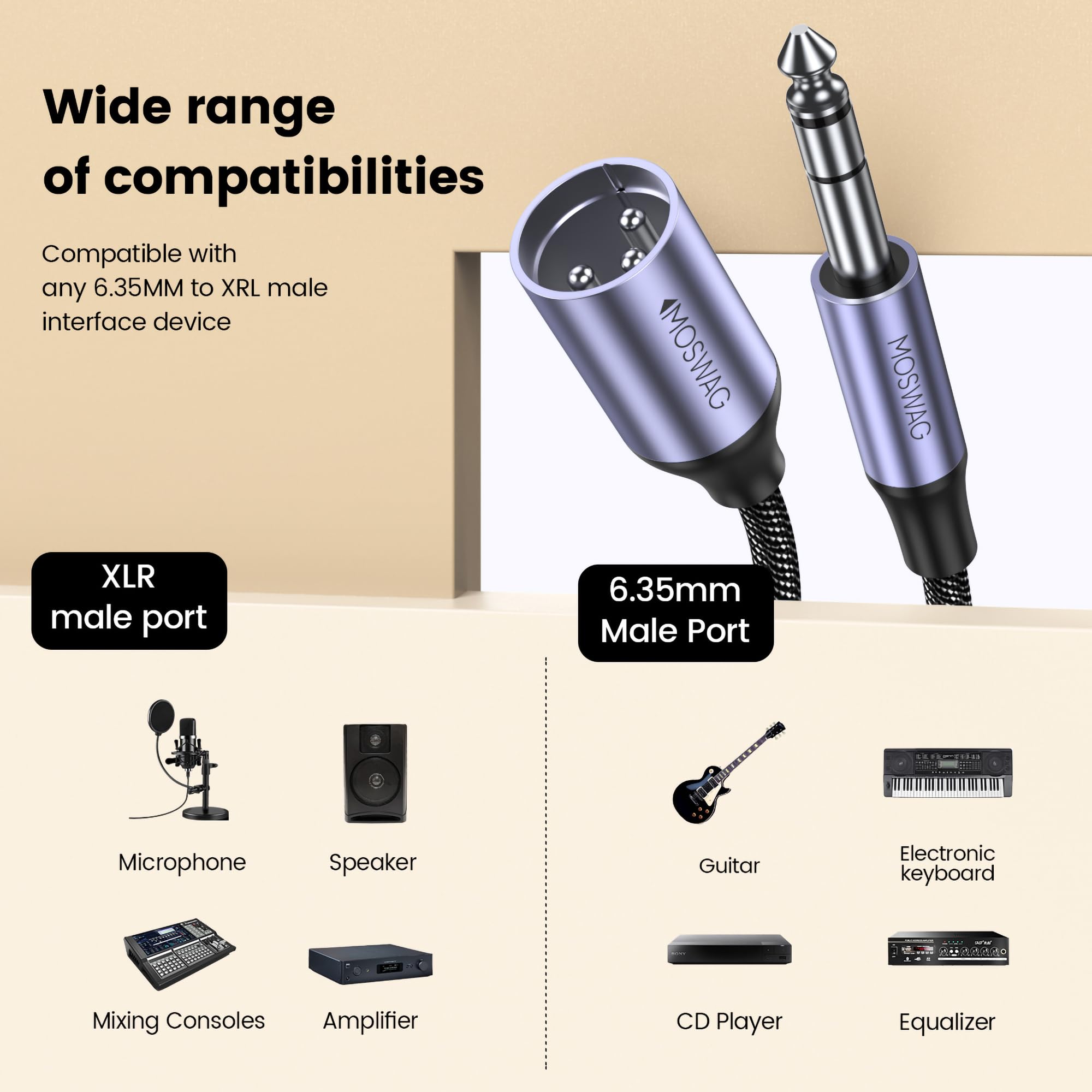 MOSWAG 6.35mm Male to XLR Male Stereo Audio Cable, 1/4 to Microphone XLR 3 PIN Braid Cord Compatible to Amplifiers - Image 2