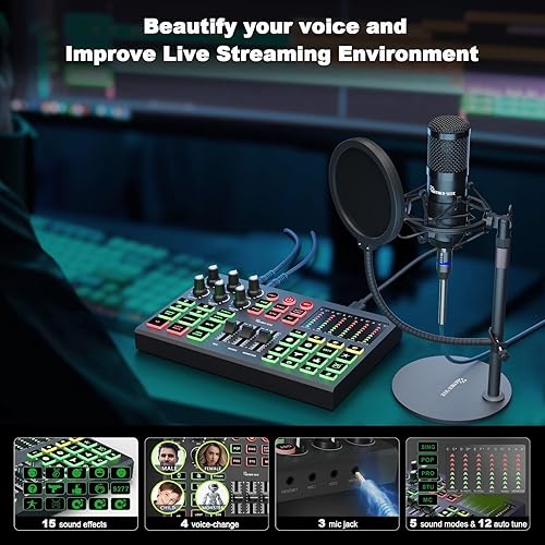 Miniatura 5 de Paquete de equipo de podcast, micrófono de condensador de 48 V con interfaz de audio de transmisión para grabación de podcasts, transmisión, juegos,