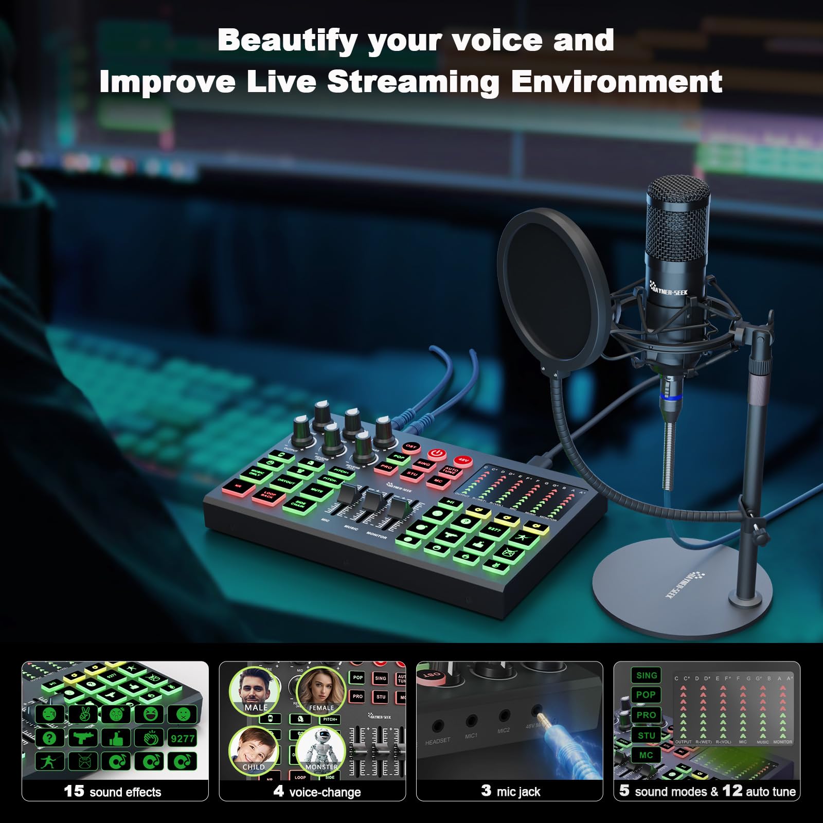 Podcast Equipment Bundle, 48V Kondensatormikrofon mit Streaming-Audio-Schnittstelle für Podcast-Aufnahme, Streaming, Gaming, Soundboard mit Sprachwechsel, Denoise PC, Smartphone, Tiktok