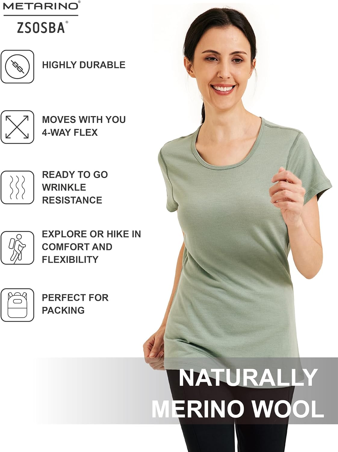 METARINO 100% Merino Wool T-Shirt Women,Short Sleeve Lightweight Crew Neck Base Layer Tee Shirt for Travel,Hiking - Image 4