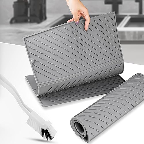 Alfombrillas de silicona para secar platos de 24 x 16 pulgadas para encimera de cocina con cepillo de limpieza, antideslizantes y resistentes al