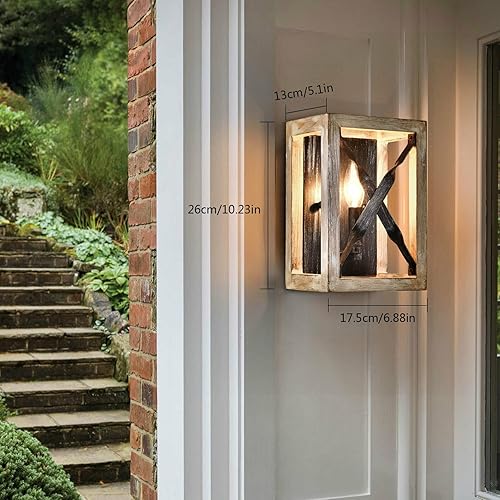 Miniatura 4 de Apliques de pared de linterna, lámparas de pared rectangulares industriales retro con placa de hierro y tablero de madera, lámpara de pared para