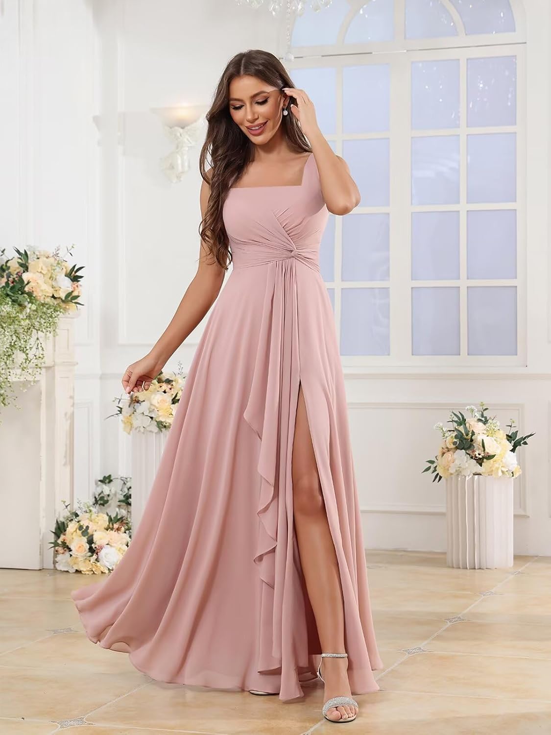 Women's Square Neck Chiffon Bridesmaid Dresses with Pockets Pleated A Line Formal Evening Dress with Slit