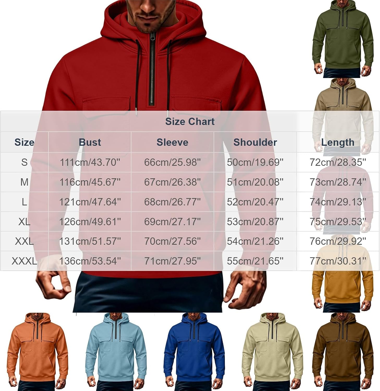 Men's Quarter Zip Hoodies Utility Cargo Pocket Sweatshirts | Dual Flap Chest Pockets, Front Kangaroo Pouch, Half Zip Pullovers, Tactical Outdoor Style, Long Sleeve Hooded Shirt