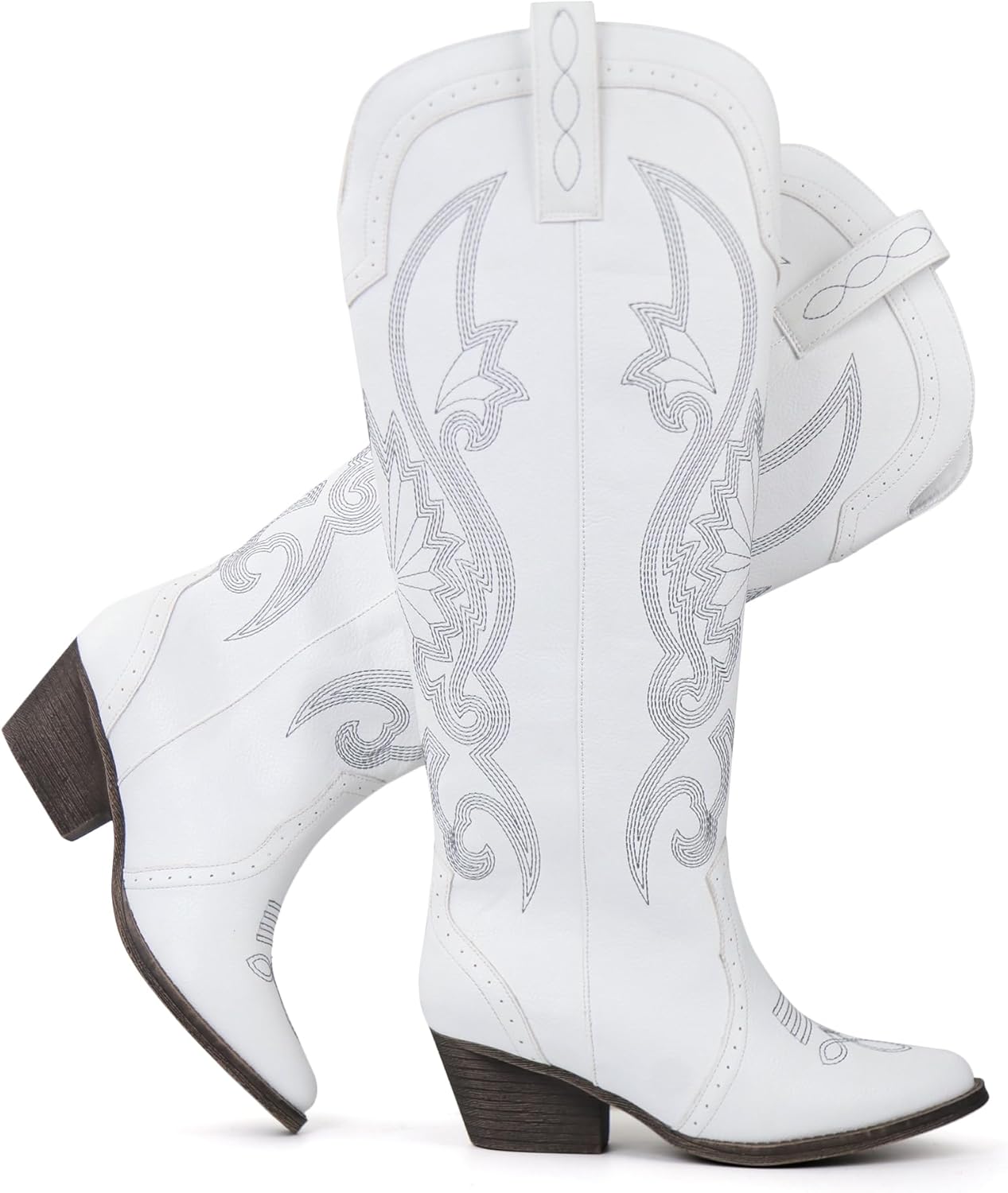 Hawkwell Women's Cowboy Cowgirl Boots Slip On Pointed Toe and Block Heel Shoes with Classic Embroidered Pull On Tall Boot for Ladies Dress Western Knee High Boots