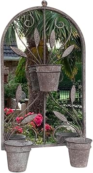 AcaciaHome Modern Rusty 70cm Metal Wall Mirror with Triple Planter Holder Vintage Style Arched Mirror with 3 Integrated Pots, Rustic Industrial Farmhouse D cor for Indoor & Outdoor Spaces
