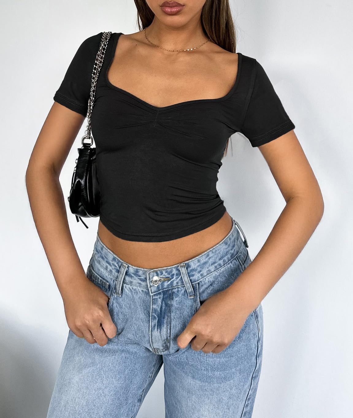 ForeFair Women's Sexy Short Sleeve Going Out Tops Pleated Bustier Shirt Cute Sweetheart Neck Y2K Crop Tee - Image 3