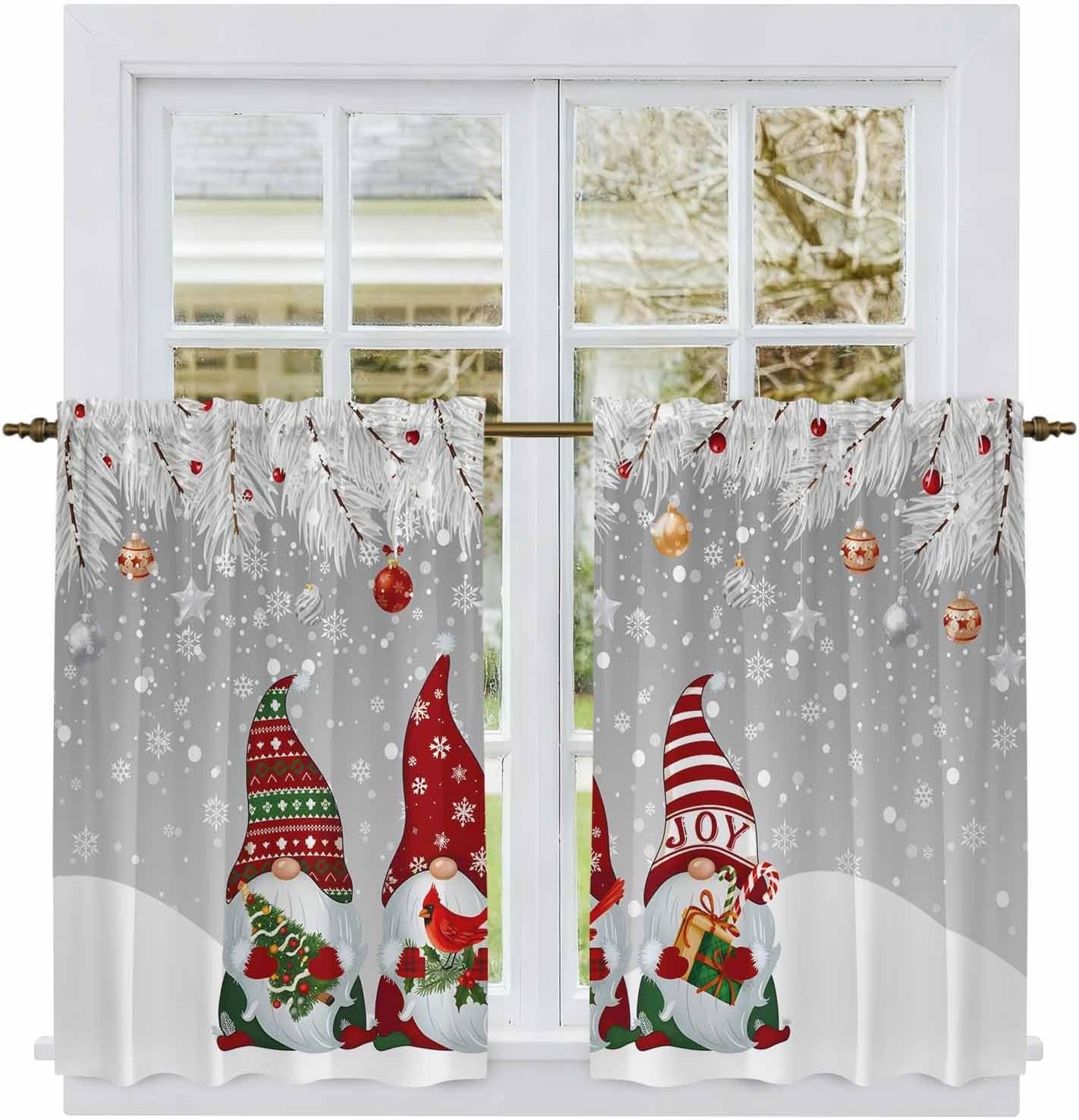 Grey Christmas Gnomes Kitchen Curtains 45 Inch Long 2 Panel Set, Rod Pocket Window Treatment, Xmas Balls Snowflake Light Filtering Short Curtains & Drapes for Bathroom Laundry 52"W x 45"L