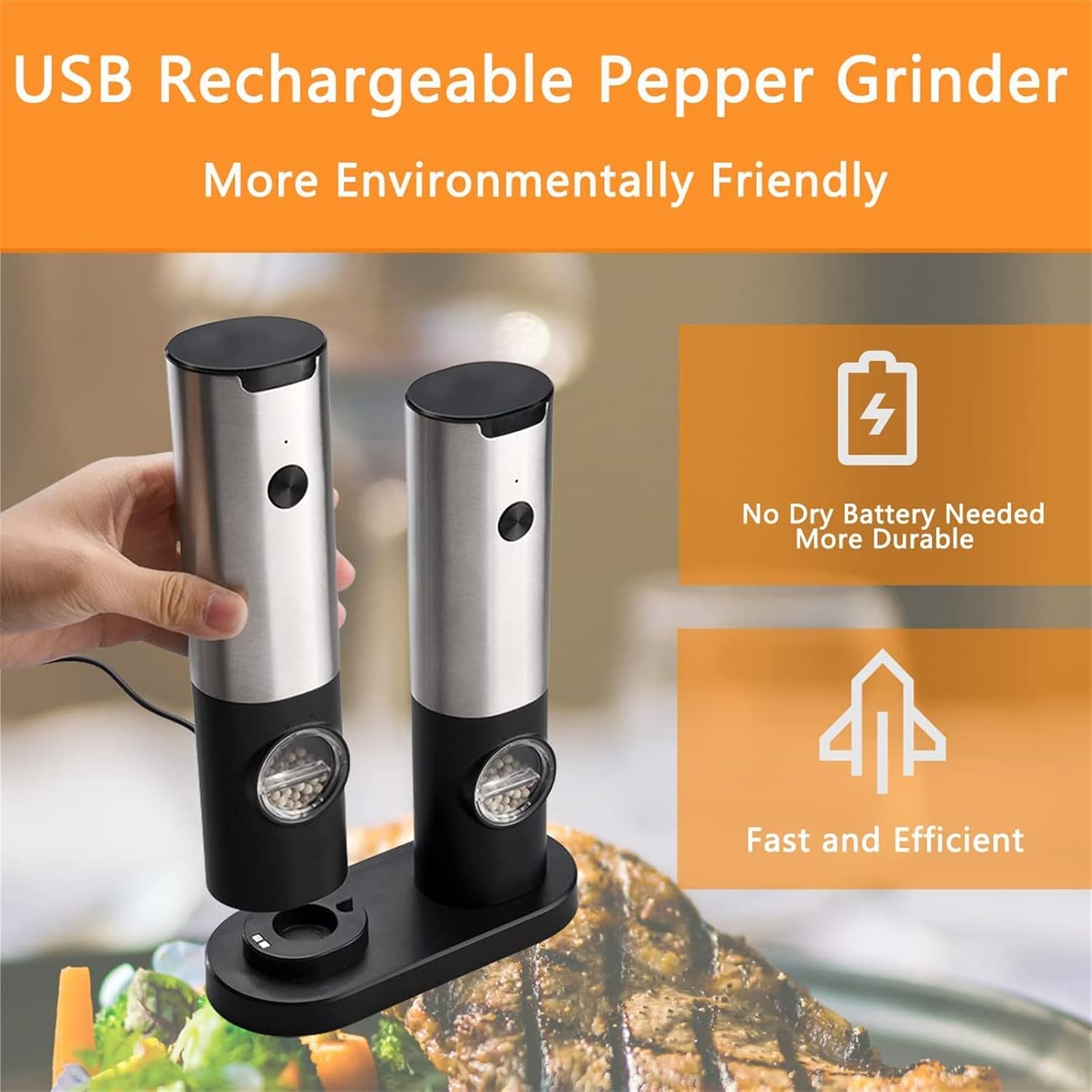 Pepper Grinder and Set Automatic and Mil Rechargeable and with Charging Base Automatic and Mill