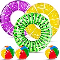 iGeeKid 6 Pack Kids Pool Floats: 3 Fruit Swim Rings (Kiwi, Pineapple, Grape) + 3 Rainbow Beach Balls - Durable Summer Pool Party Toys