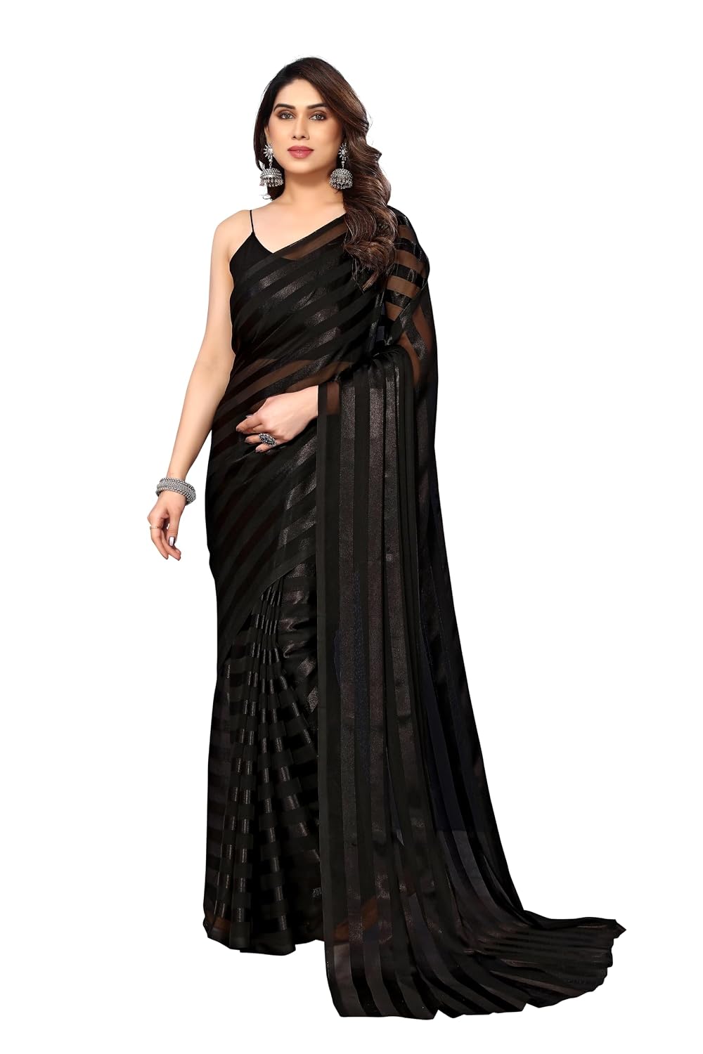 ANAND SAREES Women's Regular Fit Satin Striped Bollywood Georgette Saree with Matching Blouse Piece | Stylish & Attractive... - Review, Price and Buying Guide