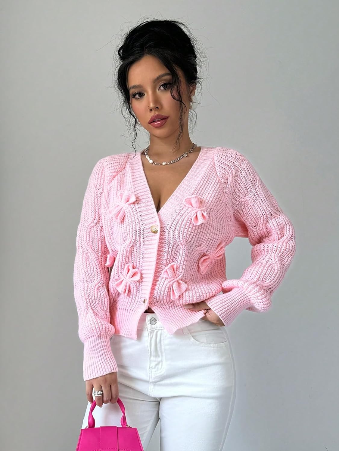 Women's Cropped Bow Chunky Knit Cardigan Sweaters Open Front Cozy Long Sleeve Button Up Cardigans for Winter - Image 4