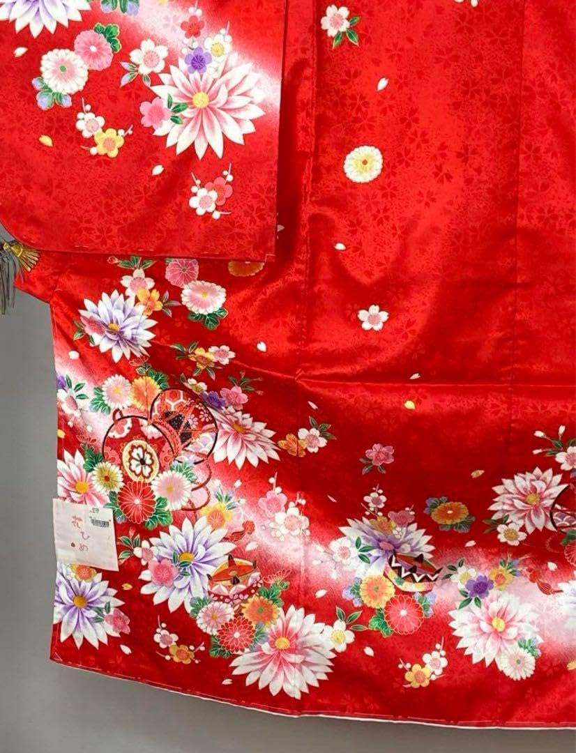 新品 四つ身 着物 130 赤 ポリエステル 七五三 長襦袢付き こども