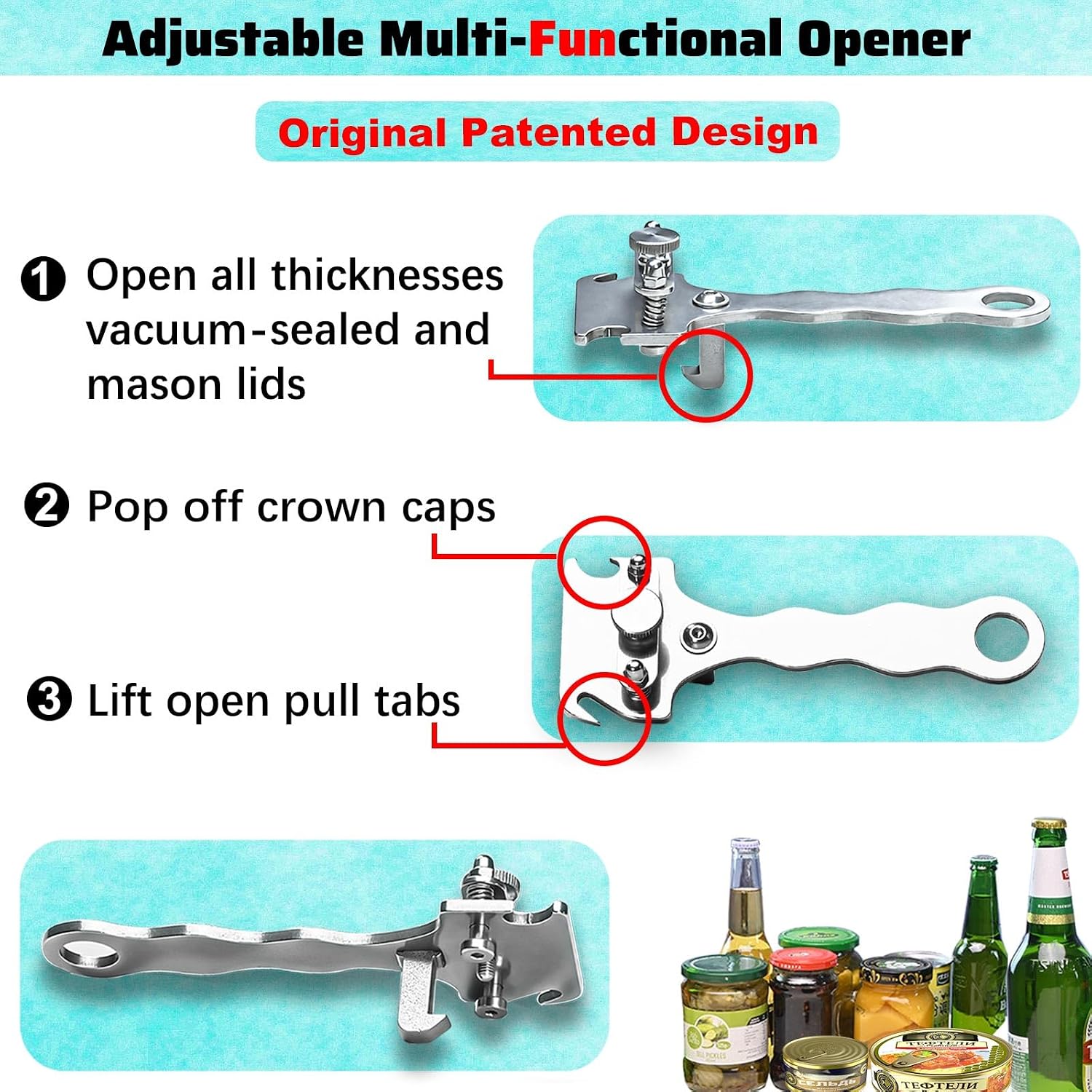 Adjustable Jar Opener Multi-Function Vacuum Can Key Lid & Bottle Cap Opener Tool for Seniors Mason Jar Openers No Lid Dents or Damage - All Stainless Steel Thickened Material, Made For Lifetime