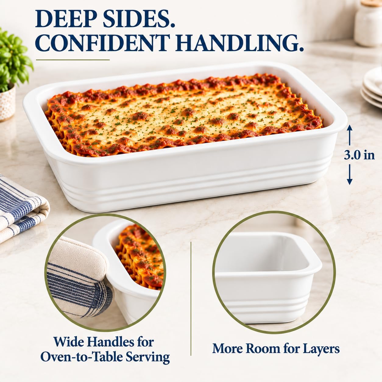 4.6 QT Ceramic Casserole Dish, White, Set of 1