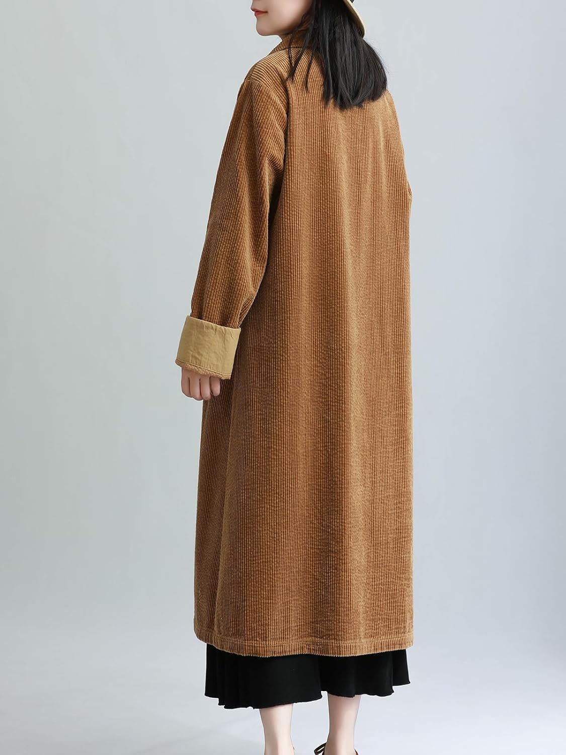 LUZU JUNU Women's Lightweight Corduroy Cropped Trench Coat Long Sleeve Single Breasted Loose Fit Jacket