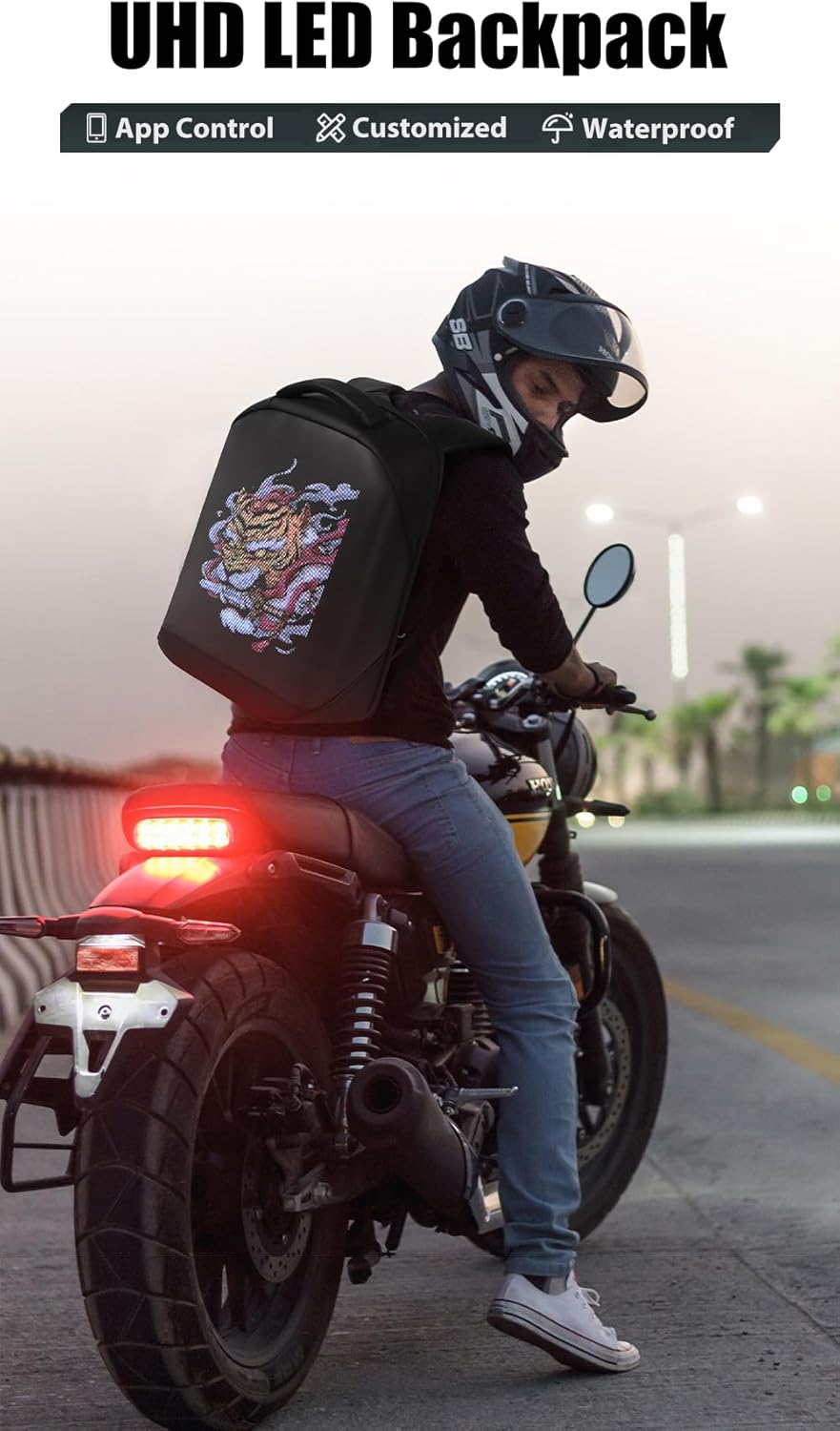 LED Backpack Waterproof with UHD 96 * 128 Pixel LED Display Screen, App Control Customized LED Bag for Motorcycle, 16-inch Laptop, Travel, Advertisement, Graffiti, School, Party (Black)