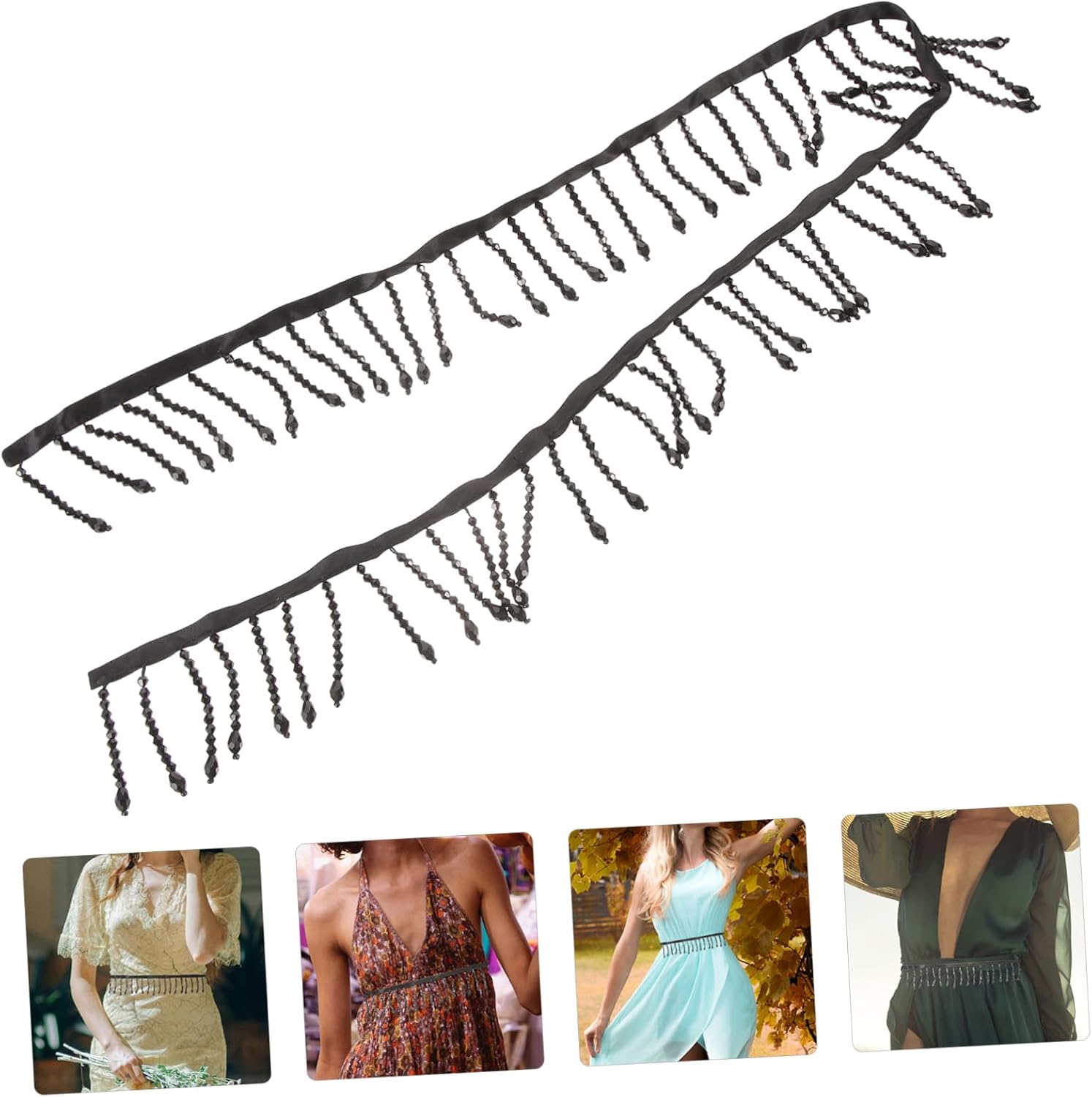 Black Crystal Bead Tassel Fringe Trim for DIY Sewing Crafts, 1 Yard
