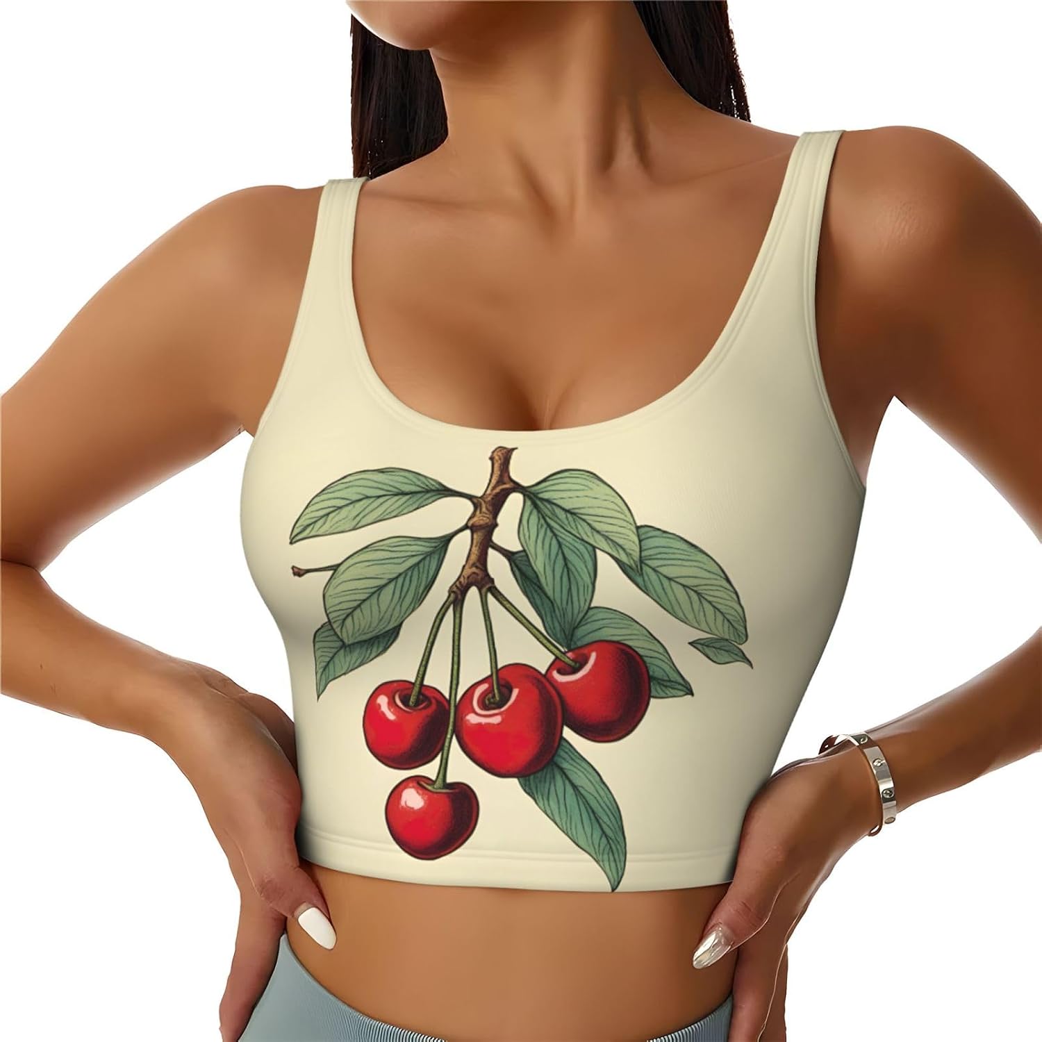Lovely Sweet Red Cherry Print Sports Bra for Women,Padded,Racerback,Perfect for Yoga,Workout and Running