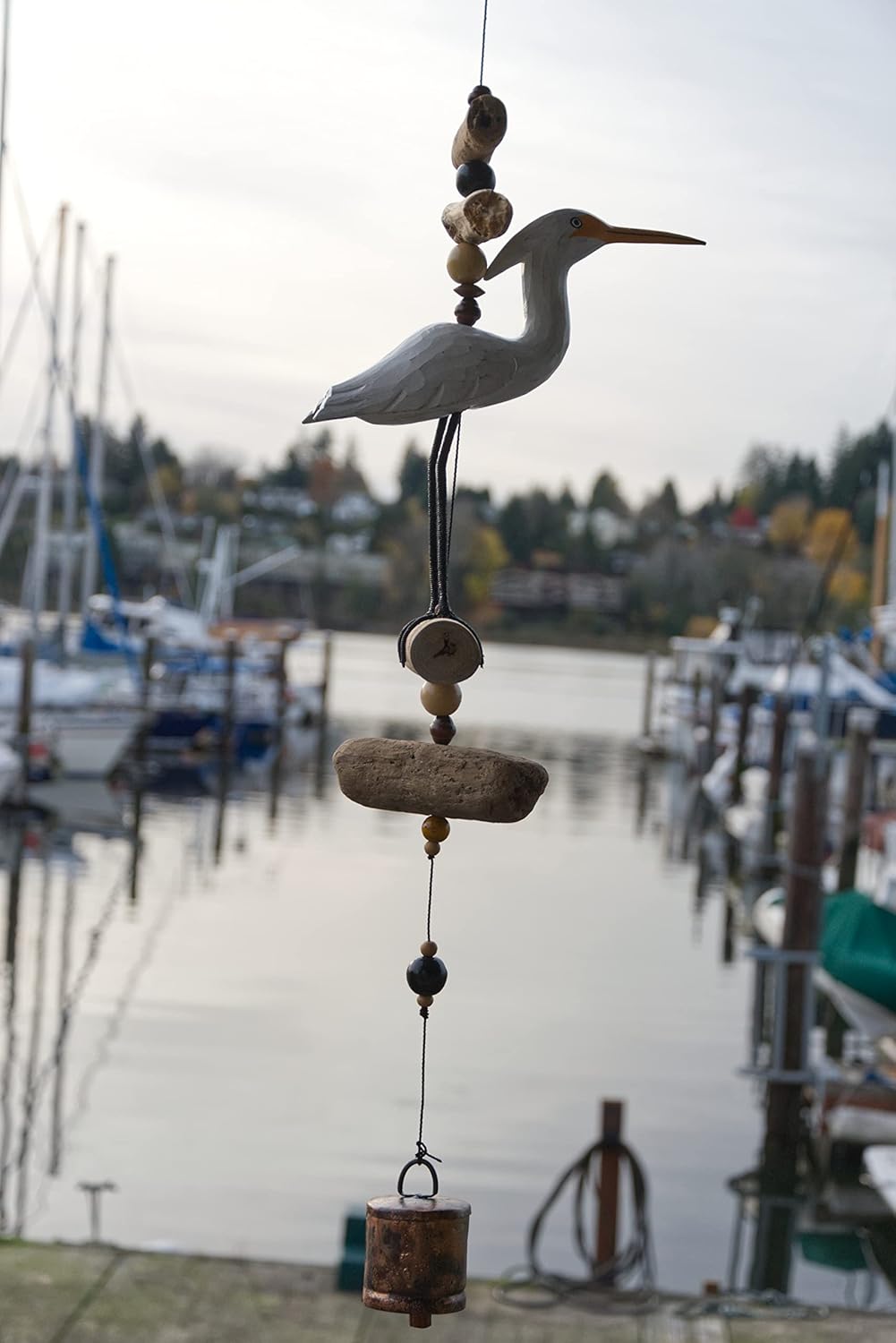 Cohasset Gifts 568 Bamboo Wind Chime Egret/Heron Cohasset Bell, Distressed White Finish