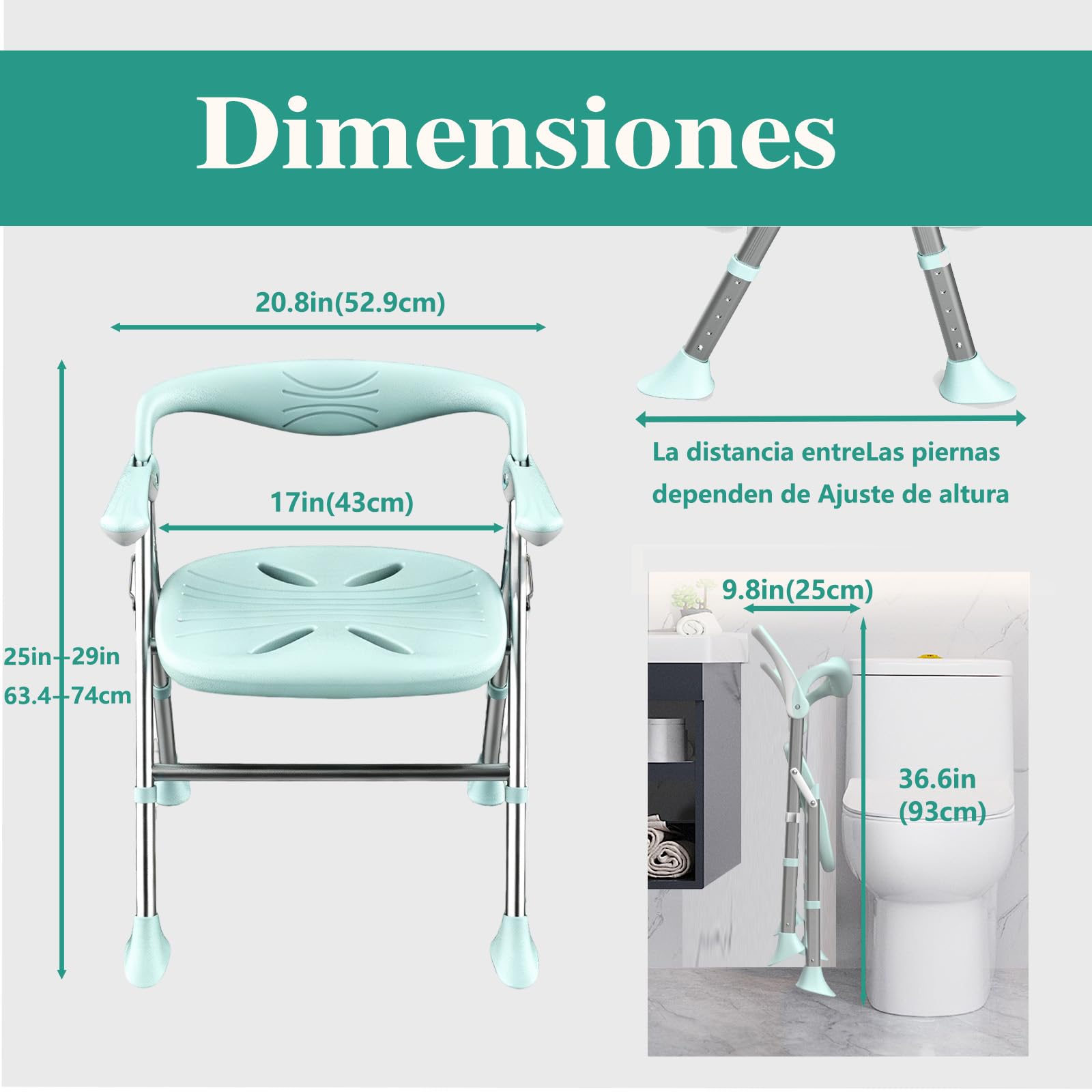 Doblar Silla para Ducha,Silla Ducha Personas Mayores,Capacidad MáXima de Carga 150 Kg,Apoyabrazos Plegables,Taburete BañO Ajustable en Altura de 5 Niveles (Verde, Asientos Planos)