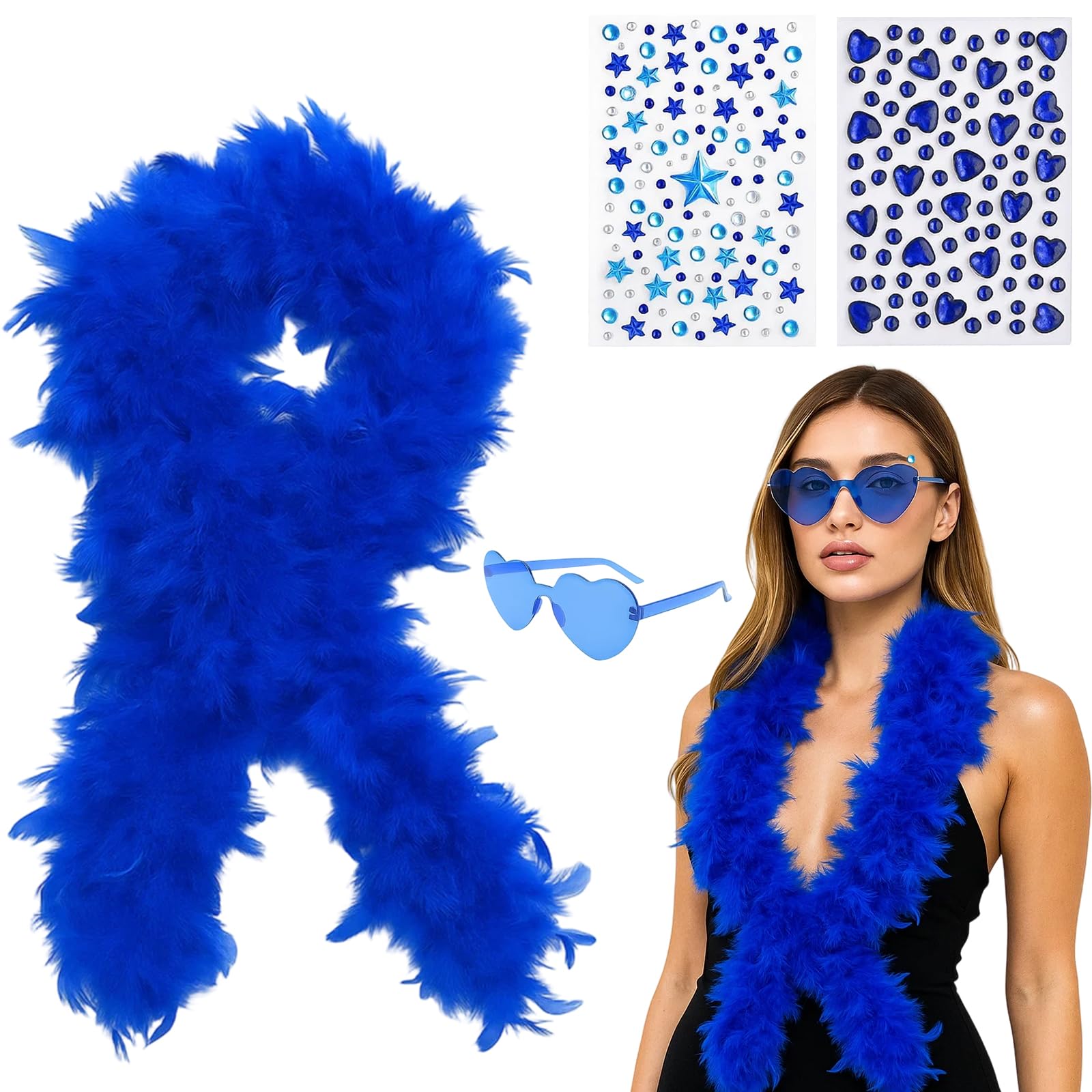 ZcrPrn 4PCS Feather Boas, Blue Feather Boa with Heart Sunglasses and Face Stickers, Retro Party Accessories