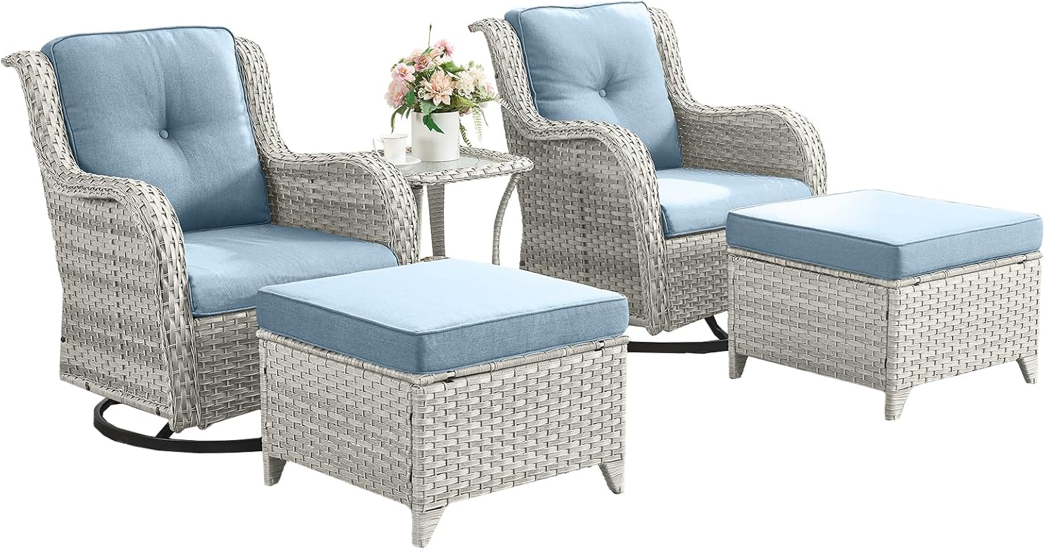 Outdoor Patio Furniture Set-5 Piece Outdoor Swivel Rocker Chairs with Ottomans Patio Furniture Set for Deck Balcony Poolside Backyard-Light Grey/Light Blue