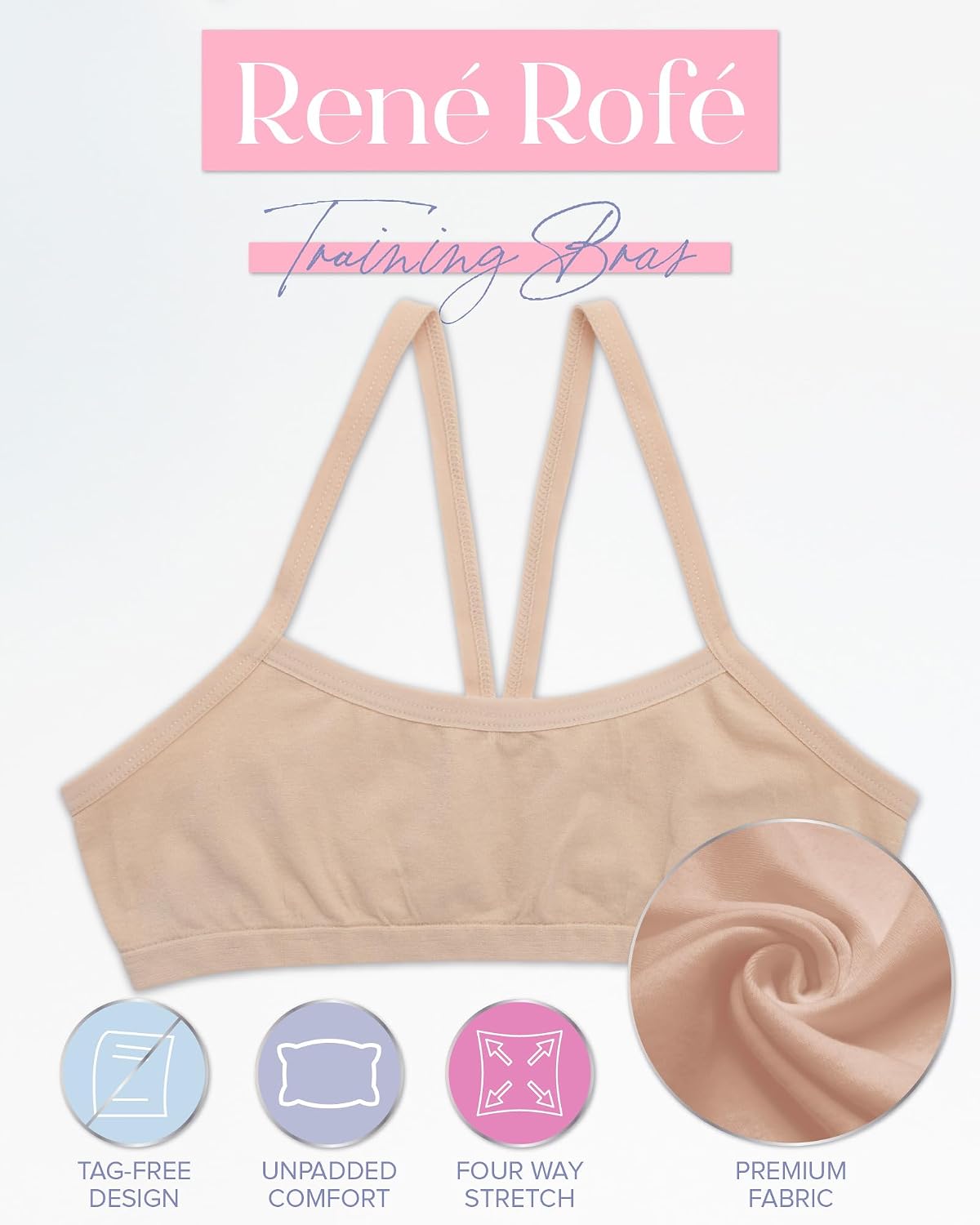 Rene Rofe Girls Training Bra - 8 4-Way Stretch Seamless Cami Bralette - Spaghetti Strap Starter Bras for Girls