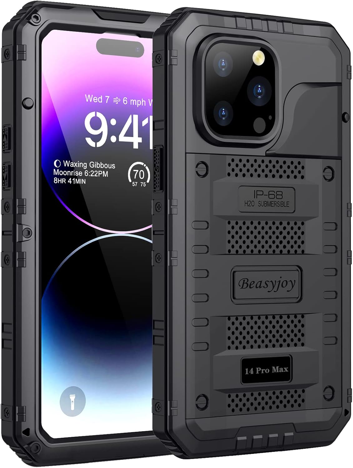 Beasyjoy for iPhone 14 Pro Max Waterproof Case, Metal Military Grade Shockproof Case with Built-in Screen Protector, Heavy Duty Full Body Protective Underwater Defender Rugged Case 6.7 Inch, Black