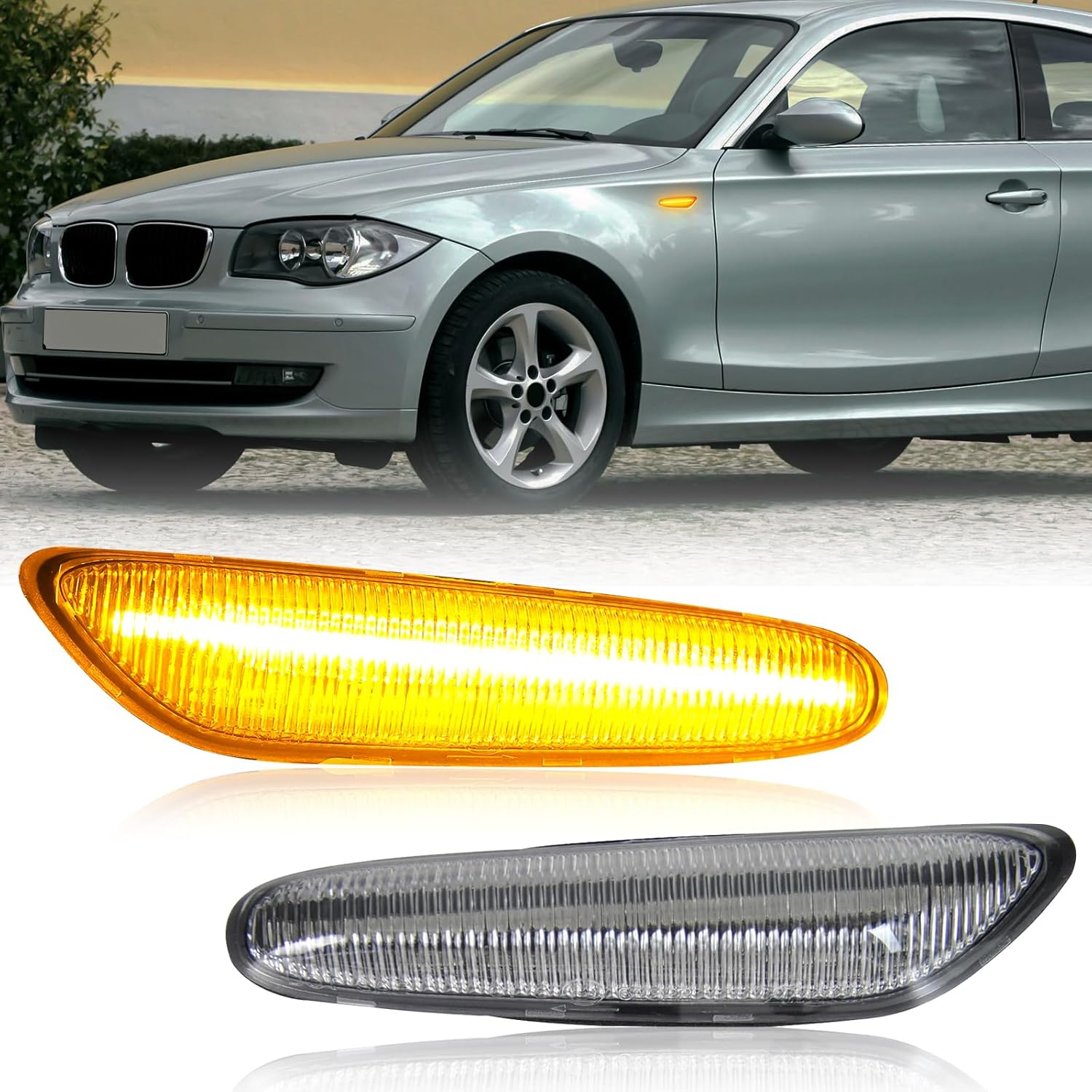 Front Sequential LED Side Marker Turn Signal Lights Compatible with 2003-2013 E60 E61 E90 E91 E92 E93 E81 E87 E82 E88 E83 X3 328i 325i 135i 128i 325xi (Amber Light, Clear Lens)