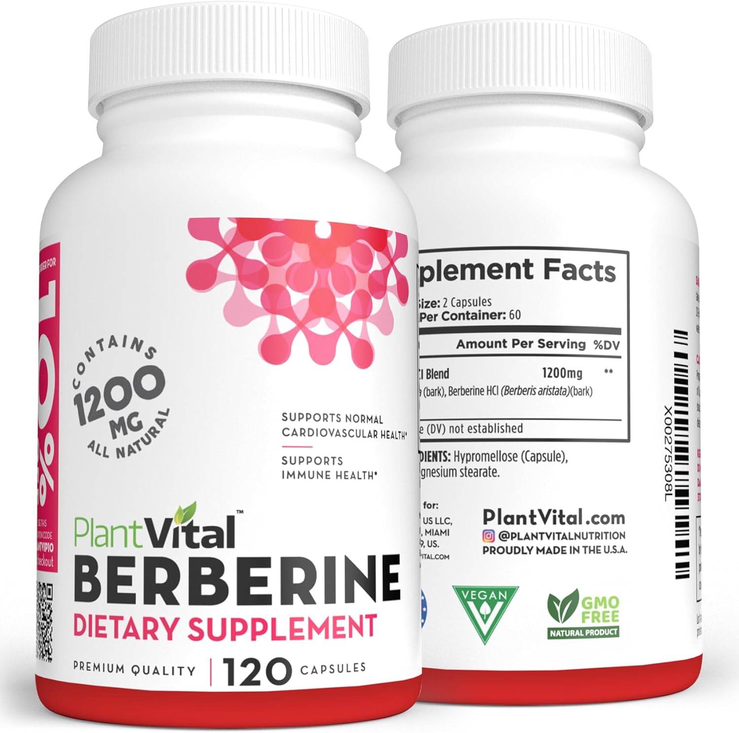 Plantvital Berberine Organic - Berberine 1200mg (per 2 Capsules) Non-GMO Berberine Supplement for Immunity Support and Normal Cardiovascular Health - 120 Count, Vegan, and Made in the USA