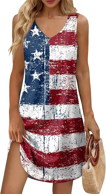 MKLUNJOP Summer Dresses for Women 2026 Casual Sundresses Sleeveless V Neck Sundress Boho Tank Beach Dress with Pockets