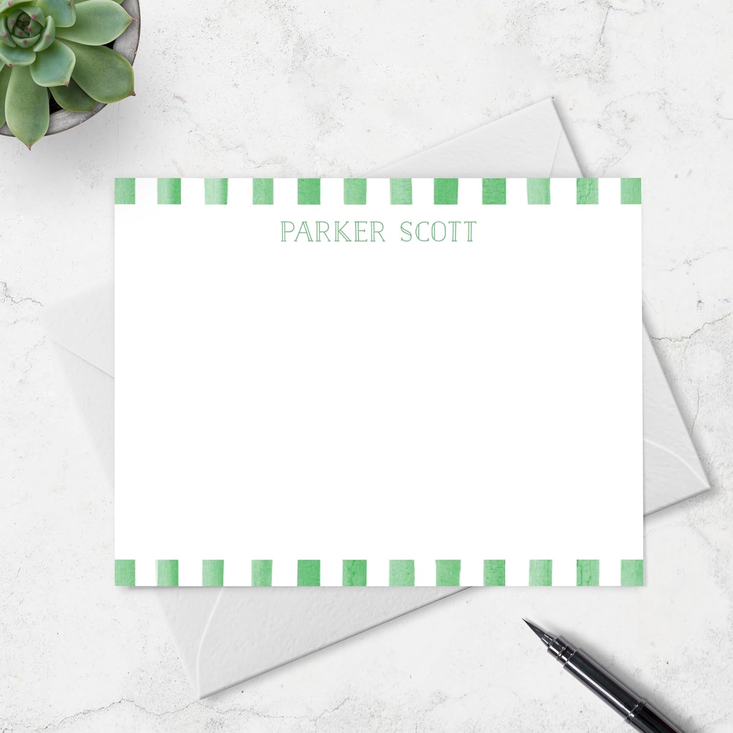 Personalized Stationery Note Card & Envelope Set for Children, Watercolor Stripe Border Design Personalized with Name in Cute Font, Thank You Card Stationery for Kids (Green)