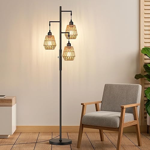 Miniatura 9 de QiMH Lámparas de pie industriales para sala de estar, lámpara de pie de árbol con 3 pantallas de jaula de lágrima, lámparas altas modernas de 68