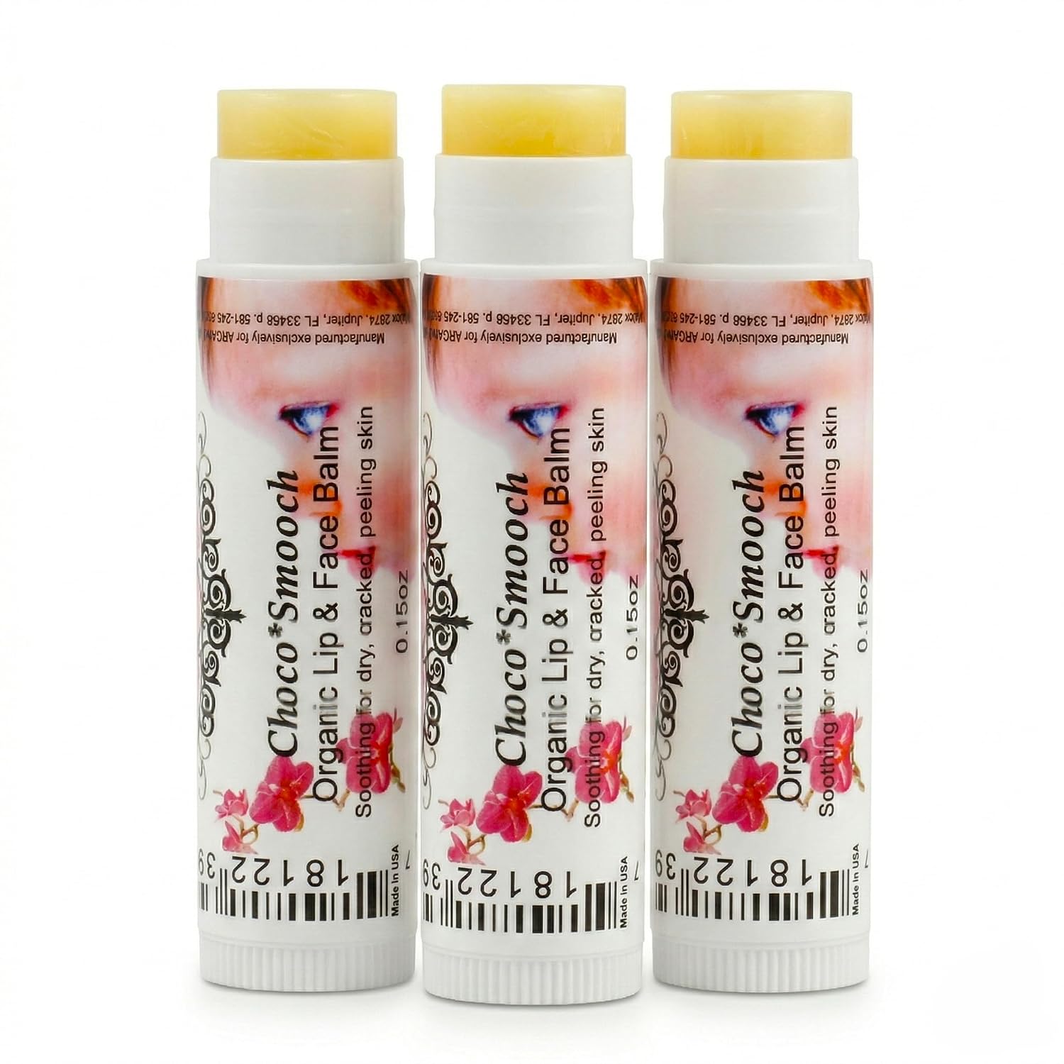 ChocoSmooch Organic Baby Kids Lip & Face Balm for Dry Cracked Irritated Skin with Argan, Calendula, Avocado & Sea Buckthorn, Set of 3. Skin Soothing, Comforting, Protecting.