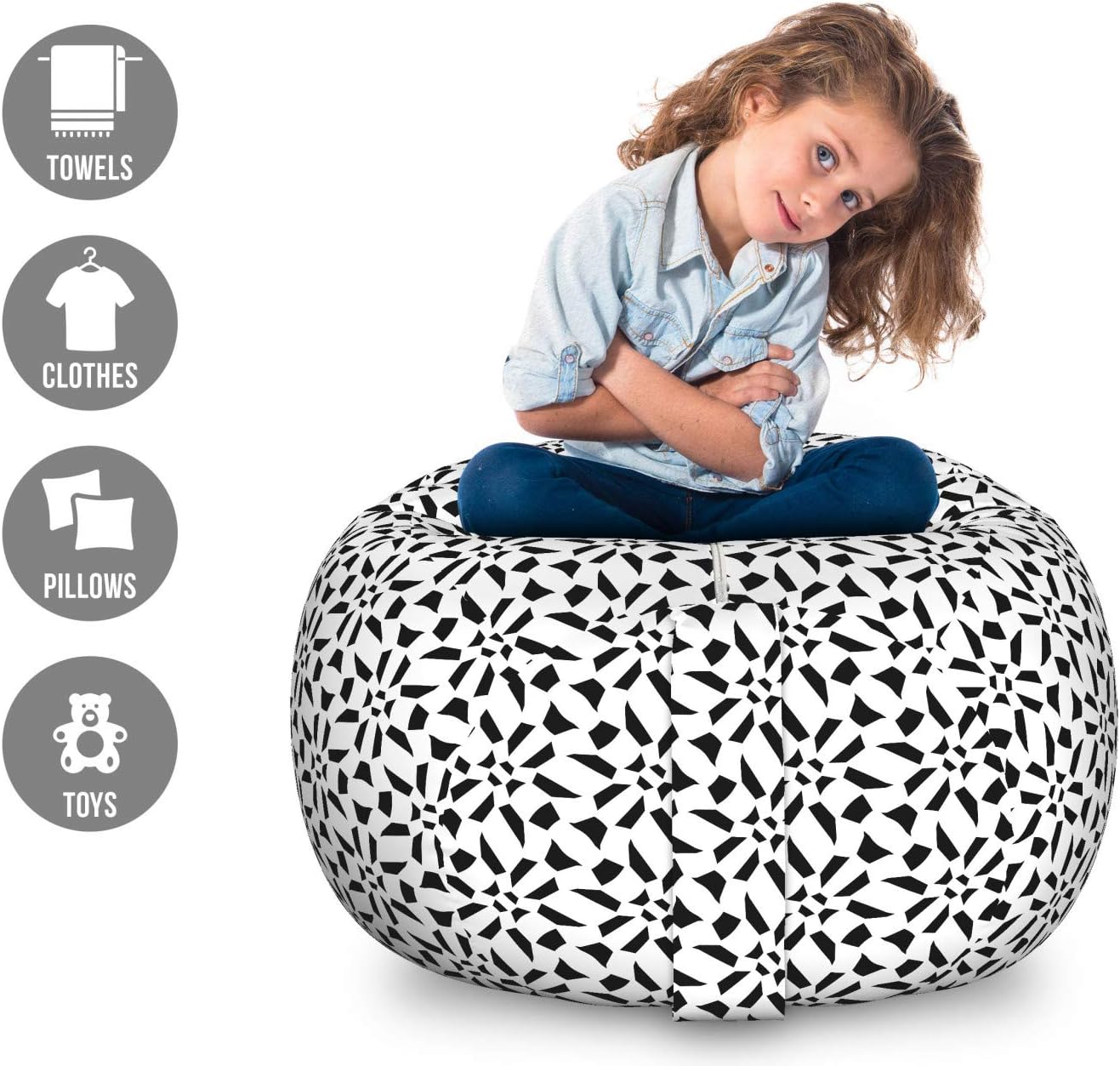 Ambesonne Crazy Art Storage Toy Bag Chair, Modern Abstract Print of Irregular Freaky on a Plain Background, Stuffed Animal Organizer Washable Bag, Large Size, Charcoal Grey White