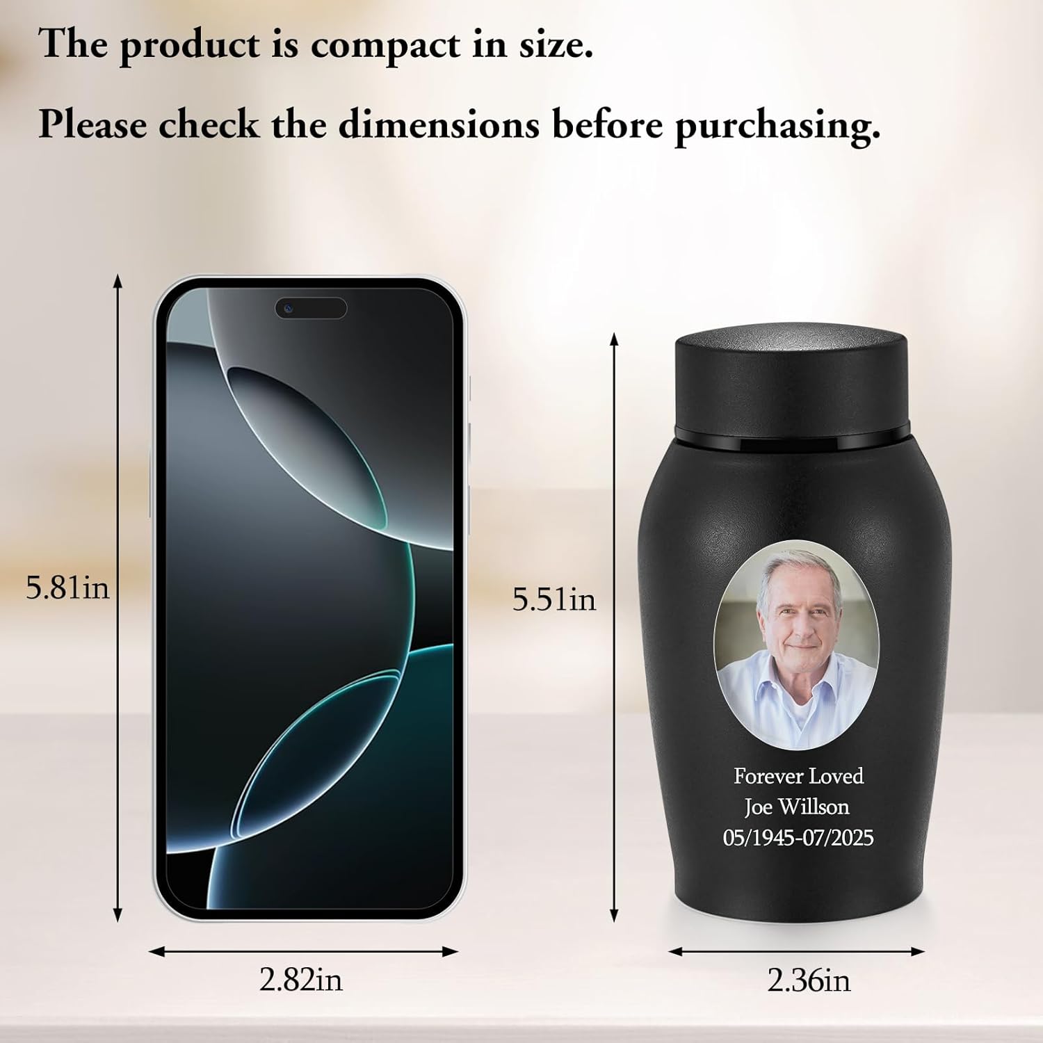 Photo Custom Small Urn for Ashes Photo Personalized Mini Urn for Human Ashes Stainless Steel Cremation Keepsake-Matt Black - Image 2