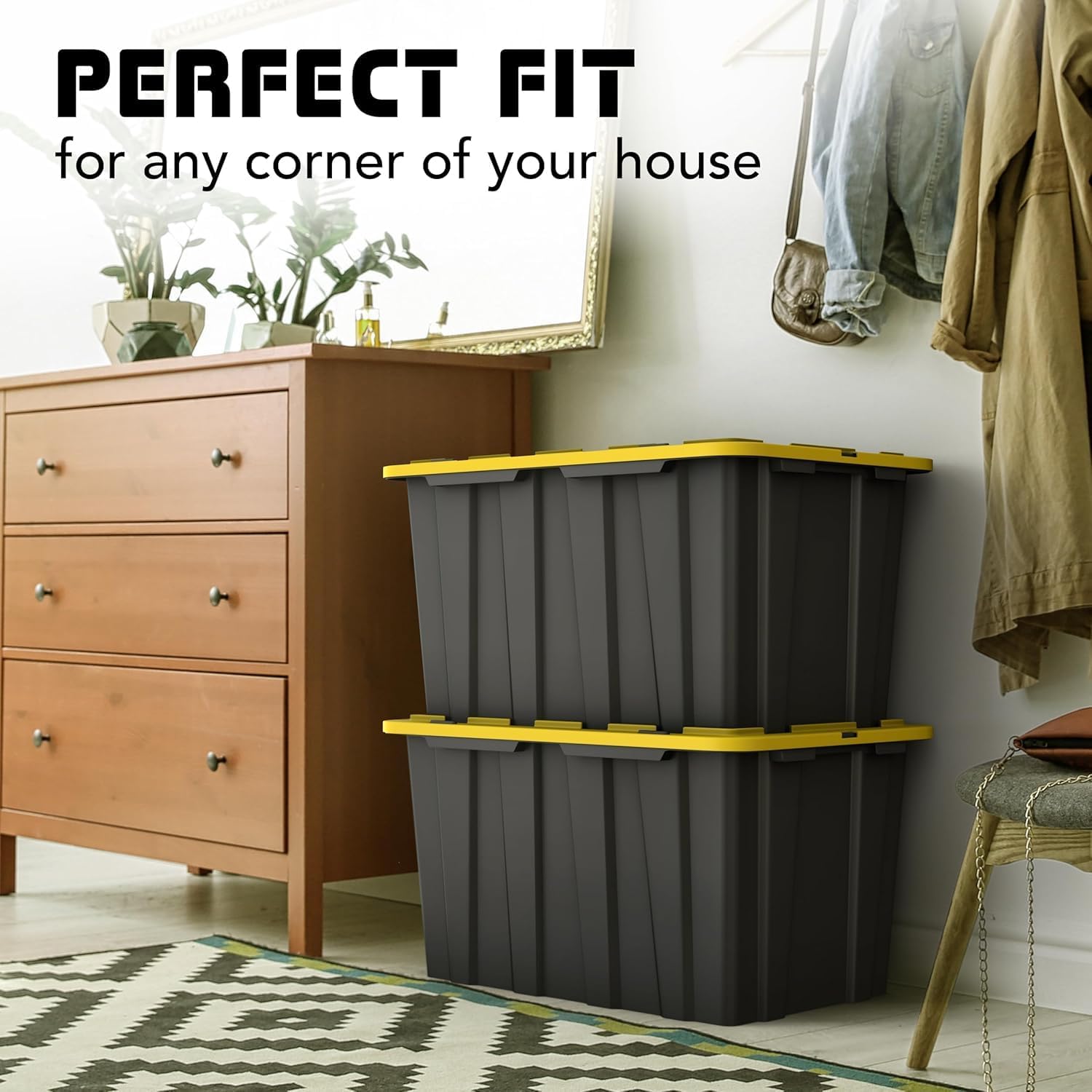 4 PACK Large Black & Yellow Storage Bins | Plastic Tote Organizing Container with Secure Latching Lids, Stackable, Extra Strength with Built in Handle | Black and Yellow Bins | 24.5" x 16.5" x 13.5"