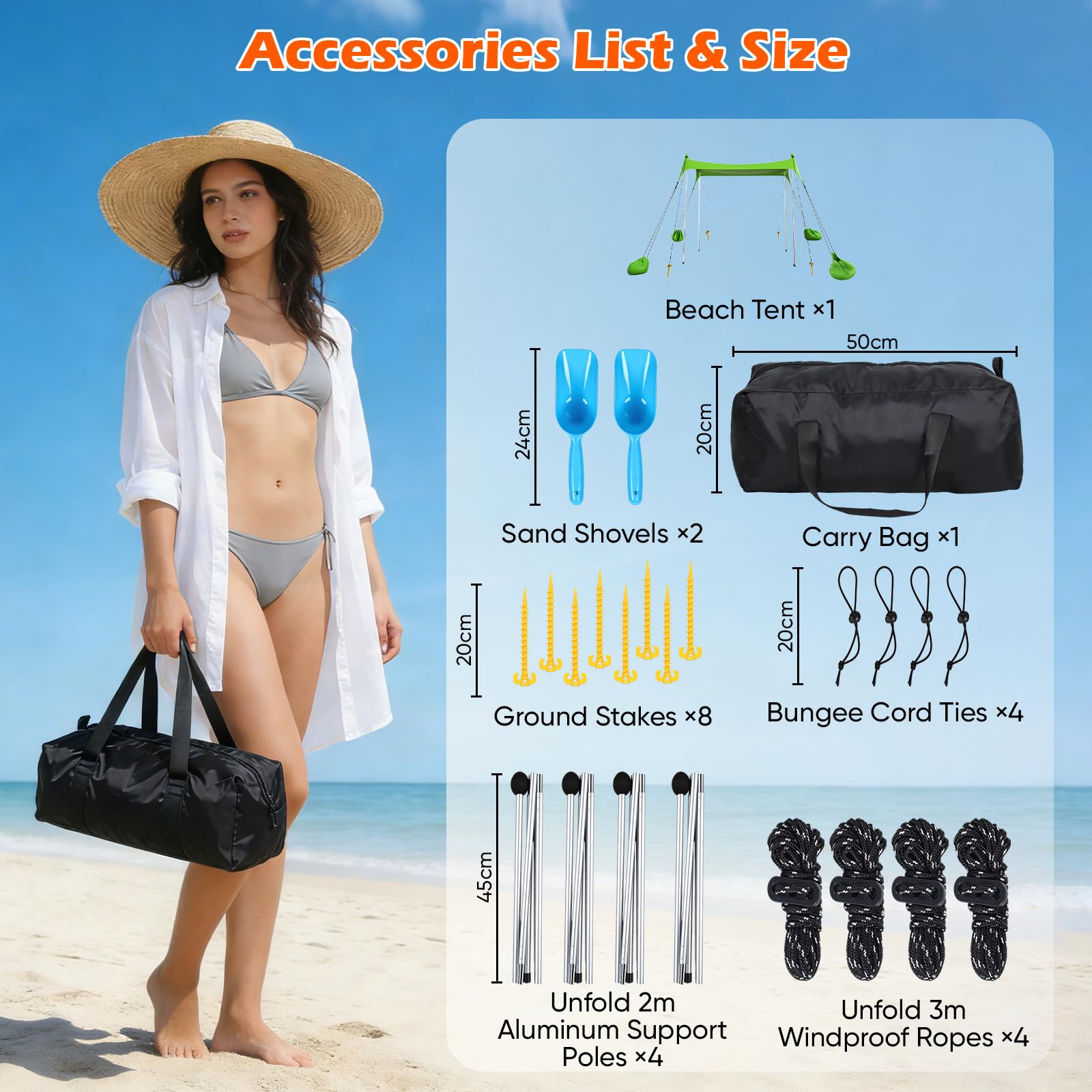 Tenda da spiaggia 2 x 2,1 m, Parasole UPF50+ Portatile per 2-3 Persone – Kit Parasole da Esterno con Pali, Picchetti, Corde e Borsa Trasporto – Ideale per Spiaggia, Campeggio, Picnic – Verde